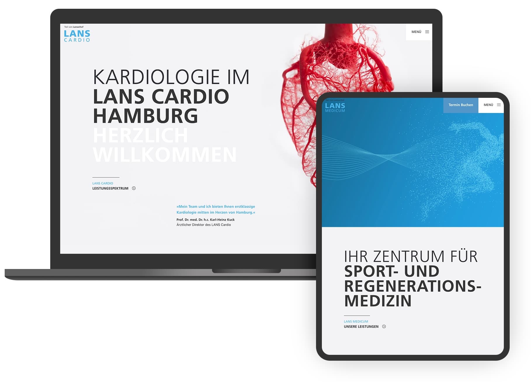 Mock-Ups der Seiten von LansMedicum und LansCardio