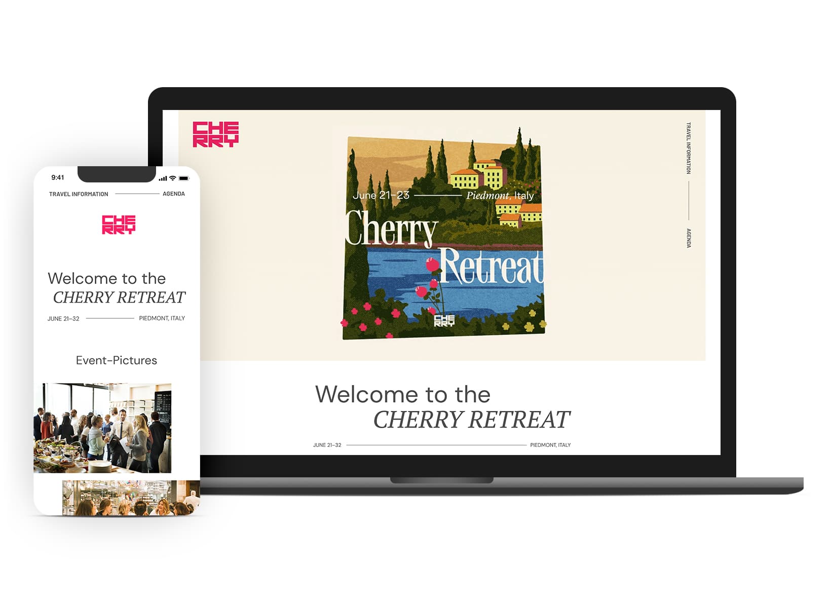 Das Bild zeigt einen mobilen- und einen Desktopscren der Cherry-Event-Loginseite.