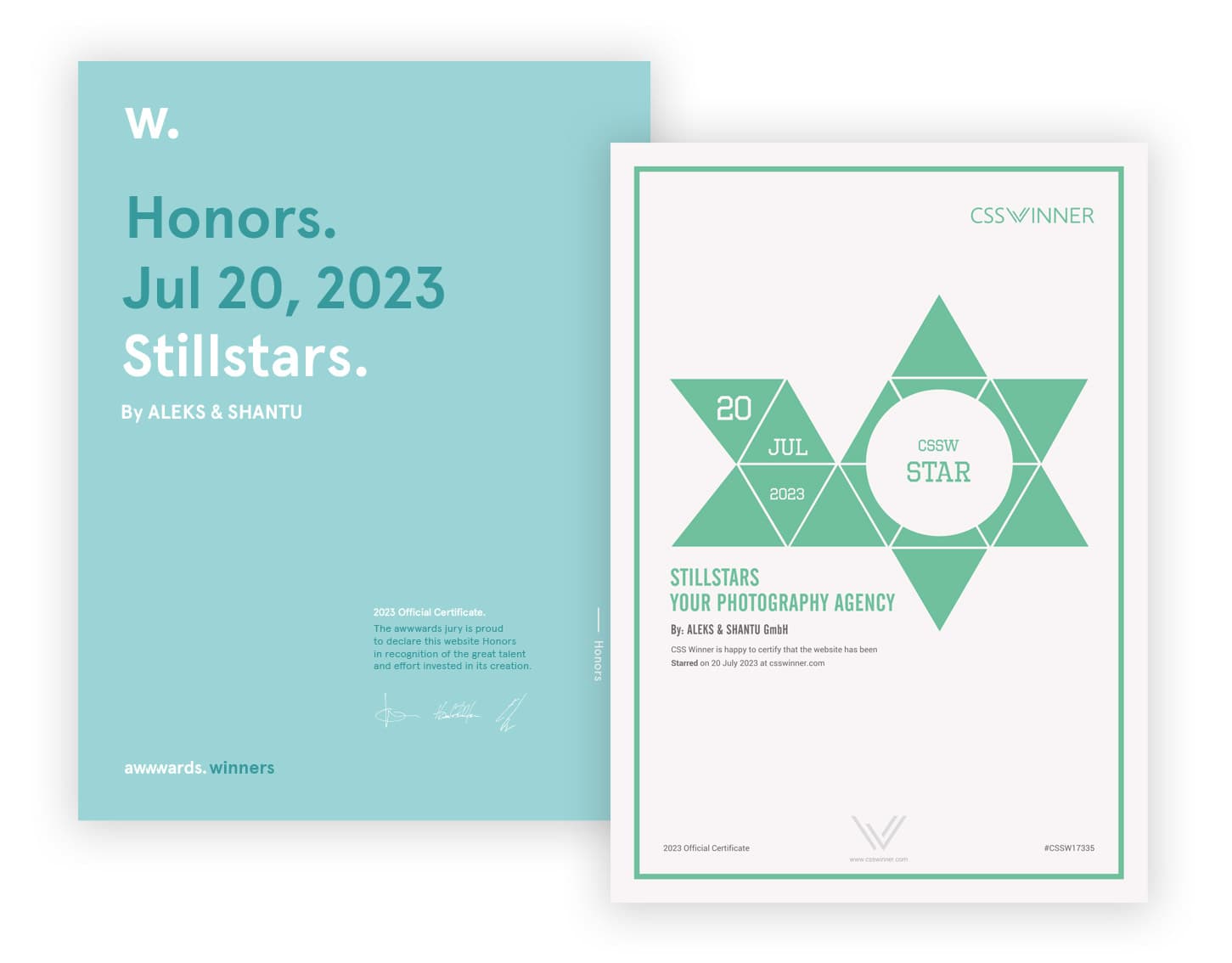 Zertifikate von awwwards und CSSWinner fuer die Website Stillstars