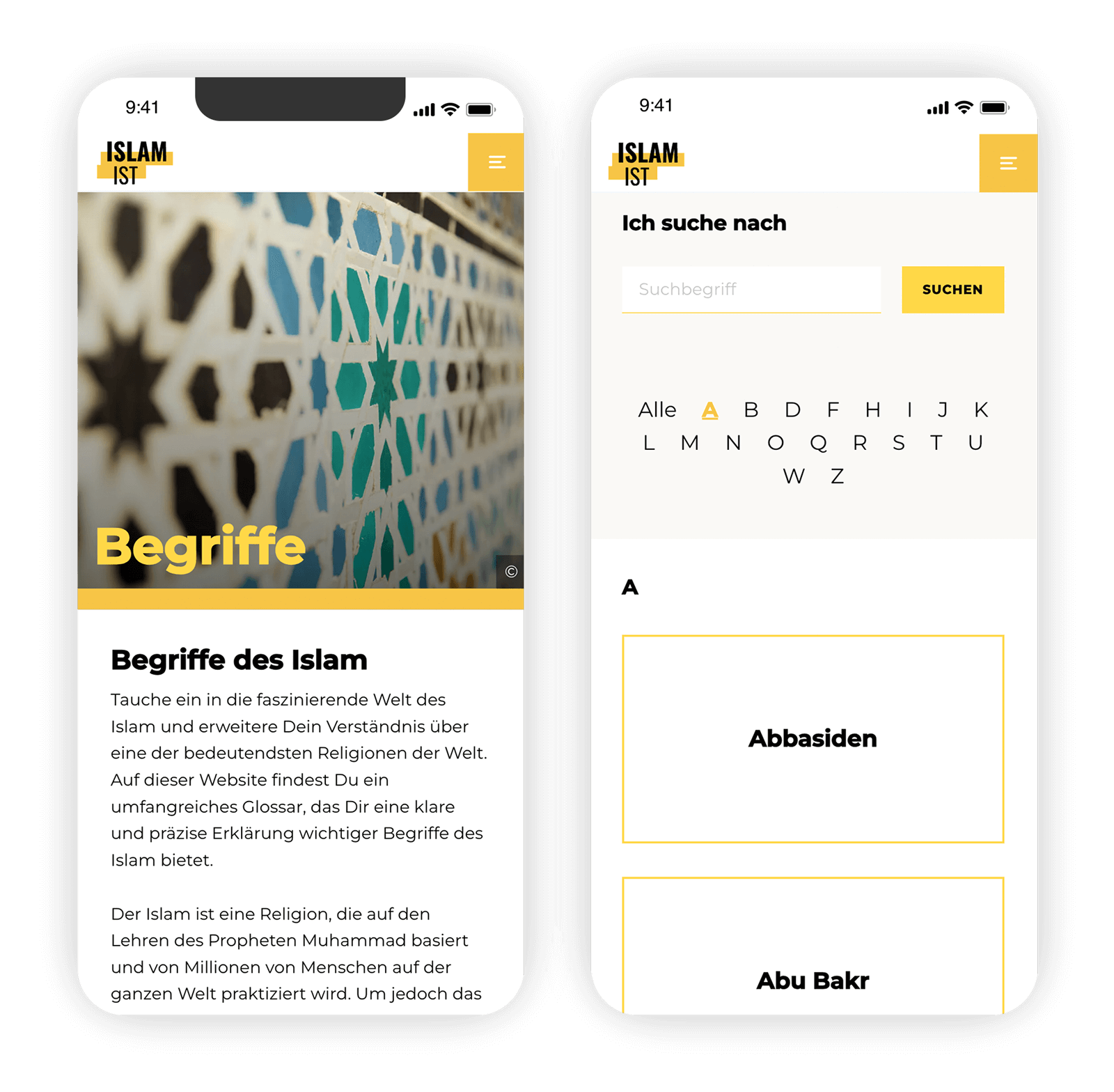 Mock-Up des Islam.ist Glossar im mobile-view