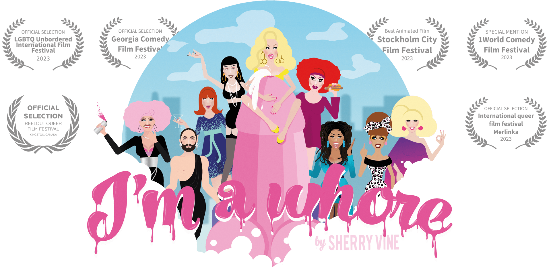 Illustration von Sherry Vine und andren Dragqueens mit Logos von Awards