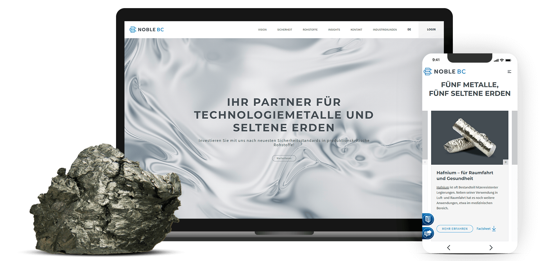 Noble bc Header Grafik mit Mockups der Webseite