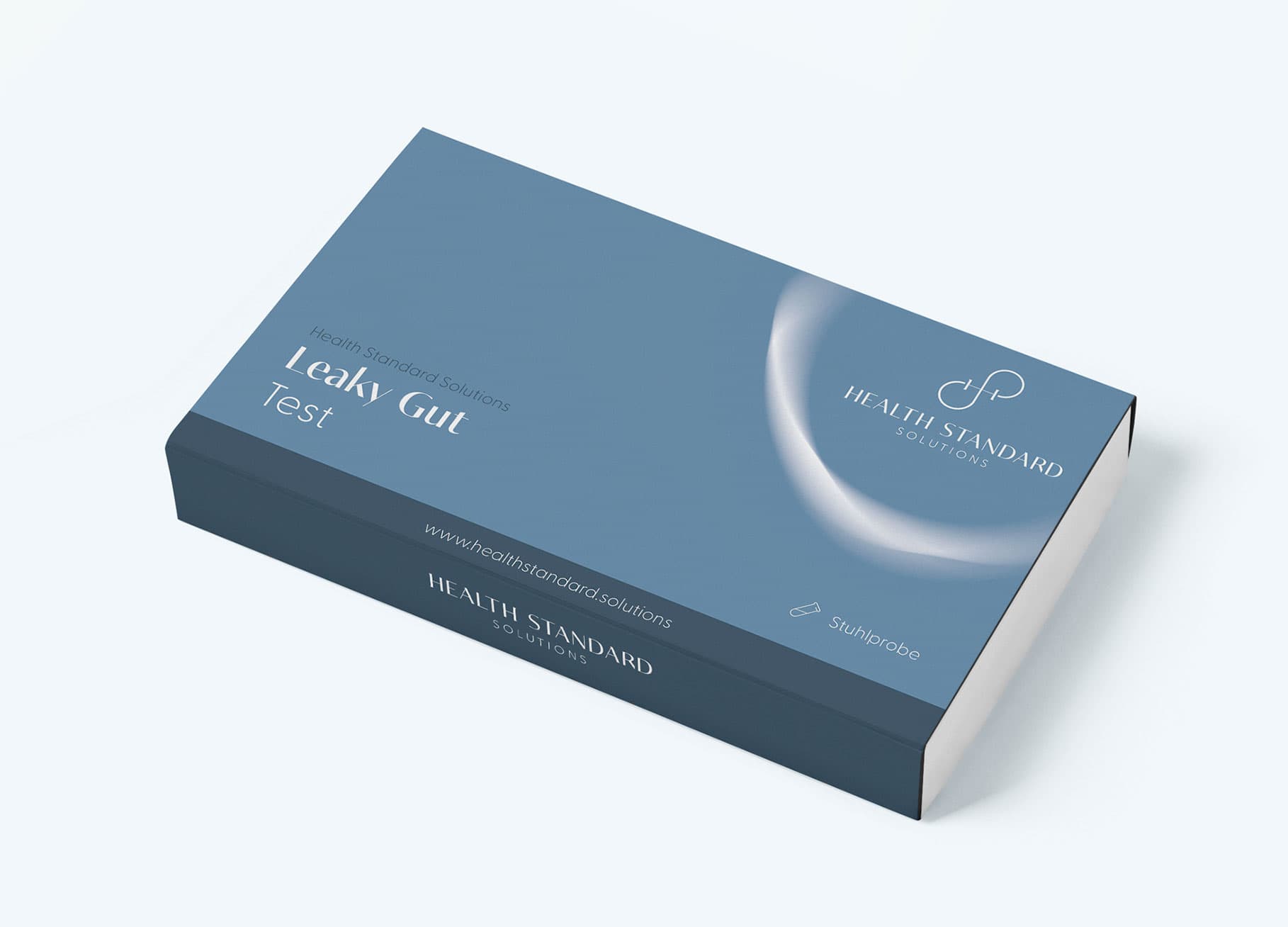 Abbild einer blauen Schachtel mit Logo von Health Standard Solutions und Produktbezeichnung Leaky Gut Test / Stuhlprobe