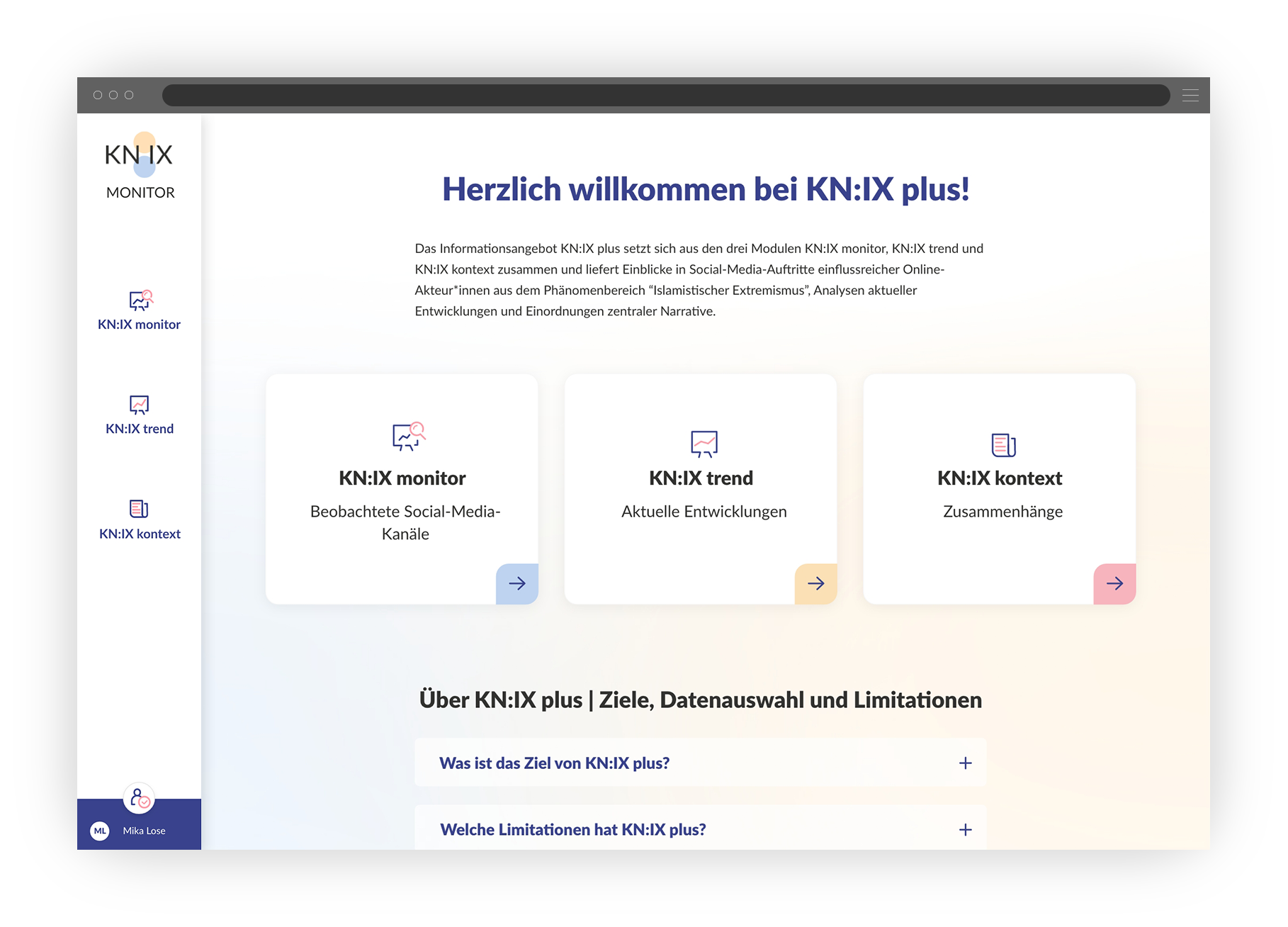 Desktop-Screen mit Ansicht der Startseite von KN:IX Plus, pastelliger gelb-blauer Farbverlauf im Hintergrund, Begrüßungstext, sowie je 3 Auswahlboxen in der Seitenmitte und in einer Menüspalte links