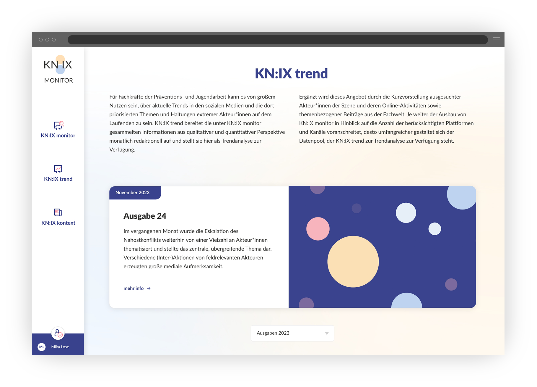 Desktop-Screen mit Intro zu "KN:IX Trend", pastelliger gelb-blauer Farbverlauf im Hintergrund, Text und Foto in der Seitenmitte und 3 Auswahlboxen in einer Menüspalte links