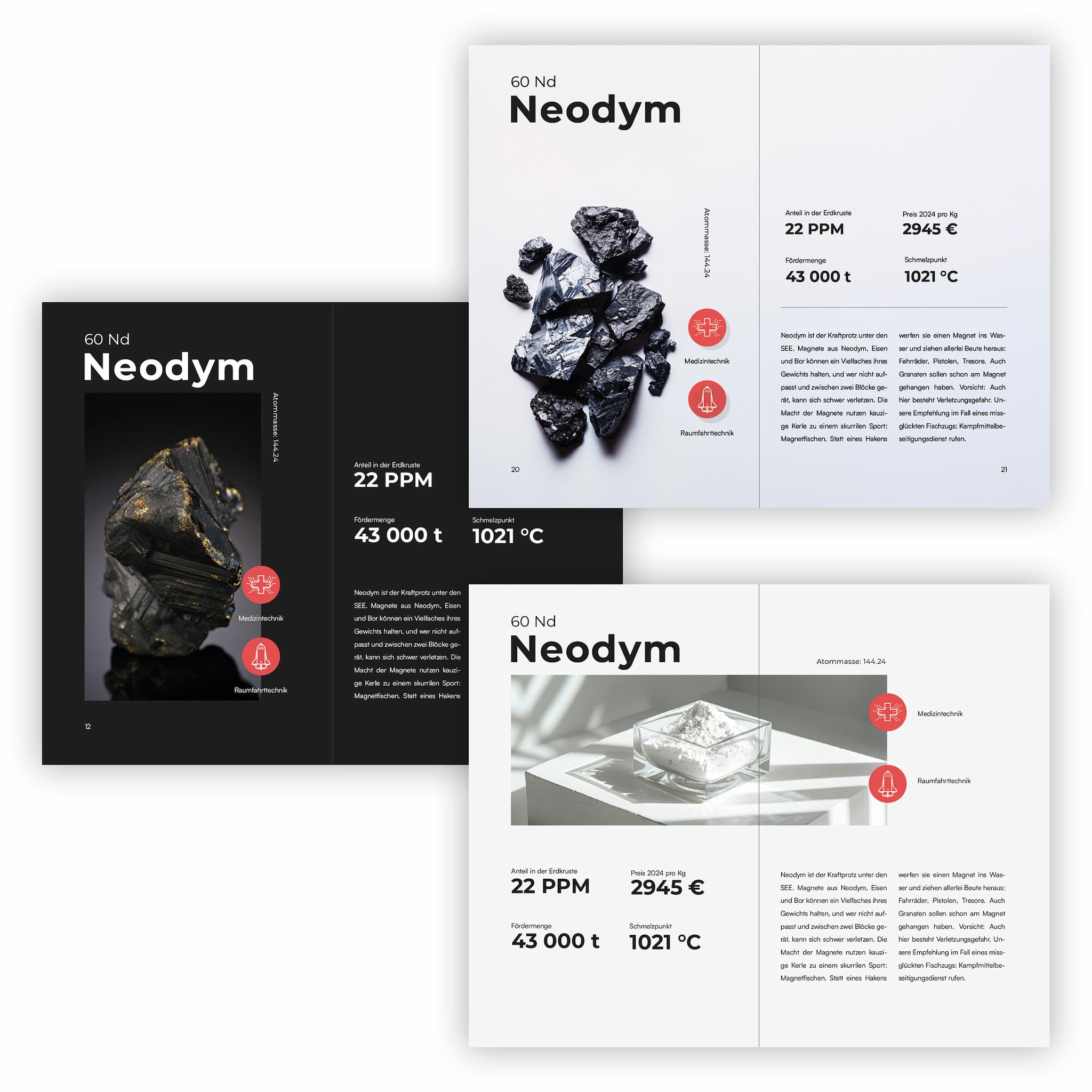 3 Layoutvarianten für Produktseiten im Buch „Das Kokain der Industrie“