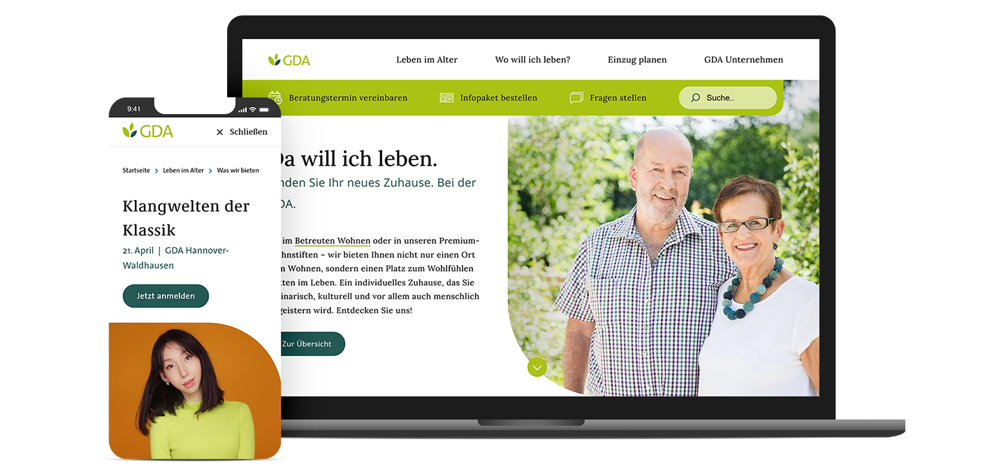Laptop und Handy-Mock-up. Der Laptop zeigt die Startseite von GDA. Das Smartphone zeigt den Veranstaltungsheader.