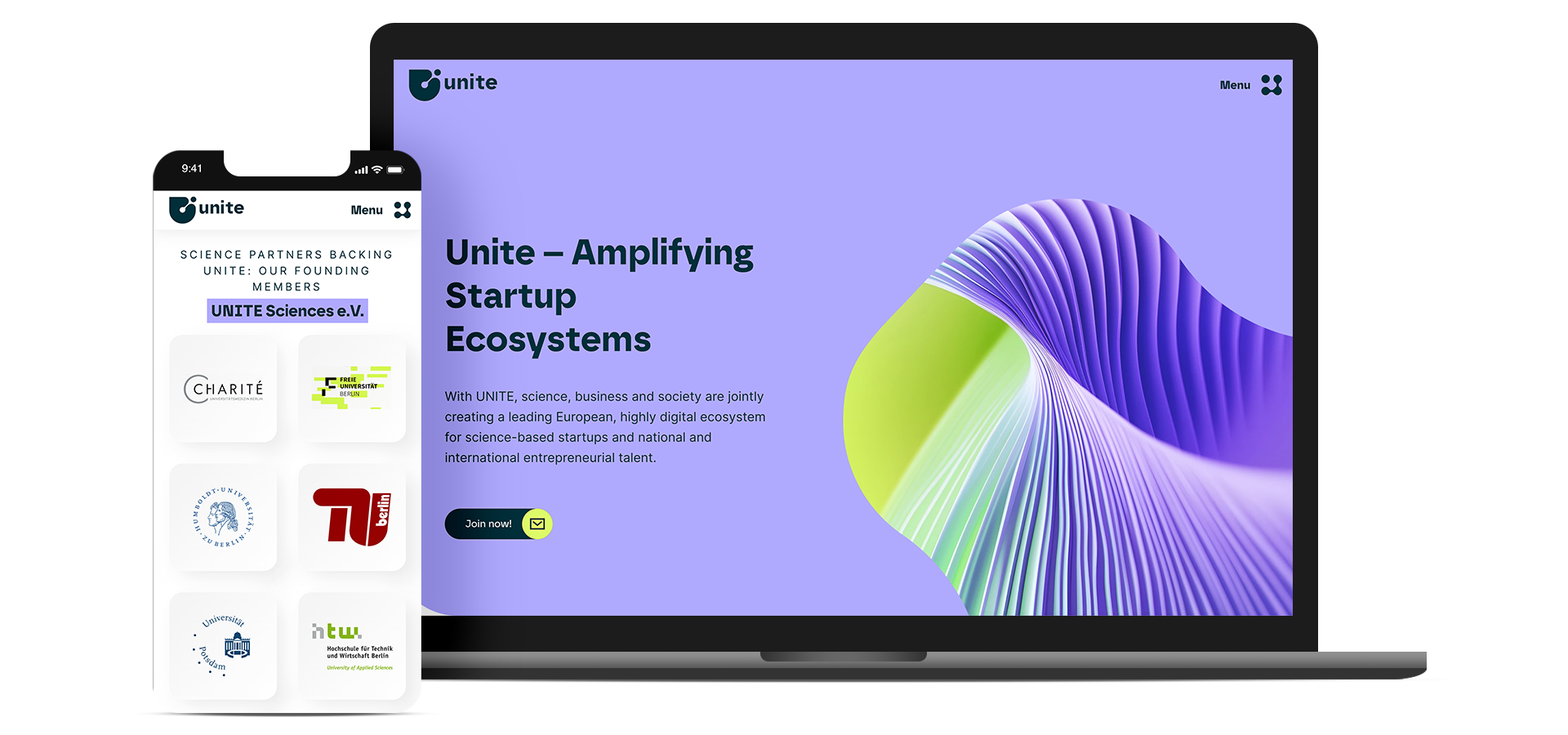 Laptop-Ansicht mit Unite-Website auf lila Grundfläche, links daneben Mobiltelefon-Ansicht mit Logoleiste auf weißem Hintergrund
