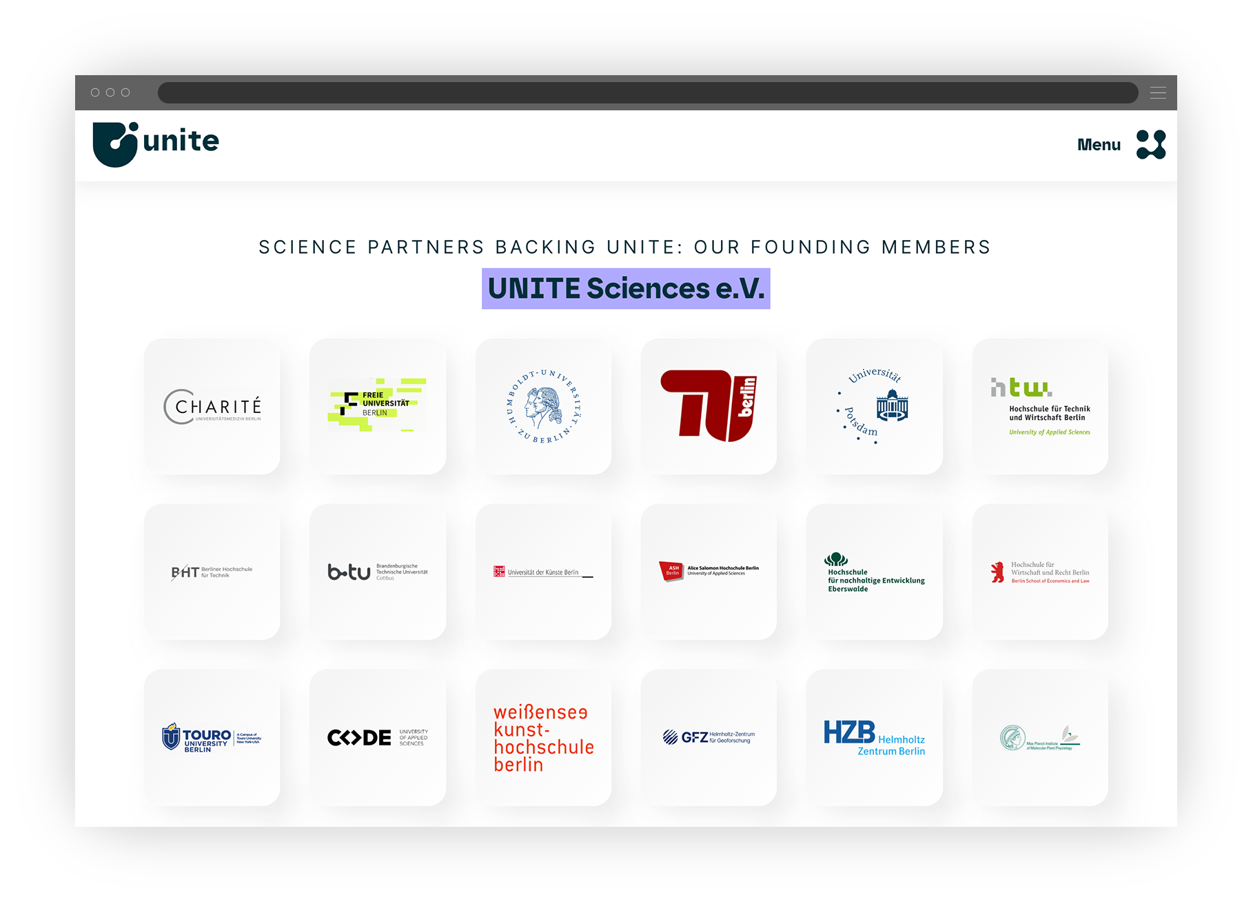 Desktop-Screen mit Unite-Website-Ausschnitt, darin Bildgrid mit Logowall