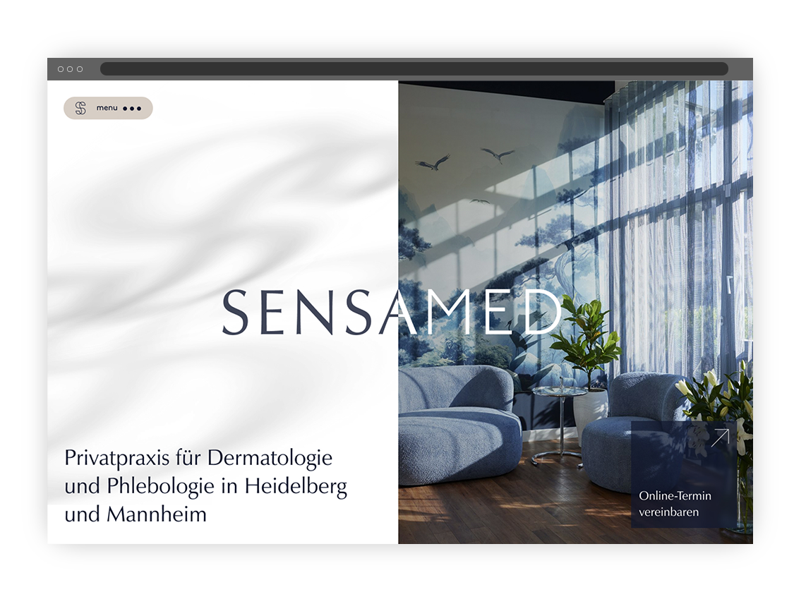 Website-Screen mit Header Layout-Entwurf im Splitscreen-Design: Weiß + Foto Wartezimmer