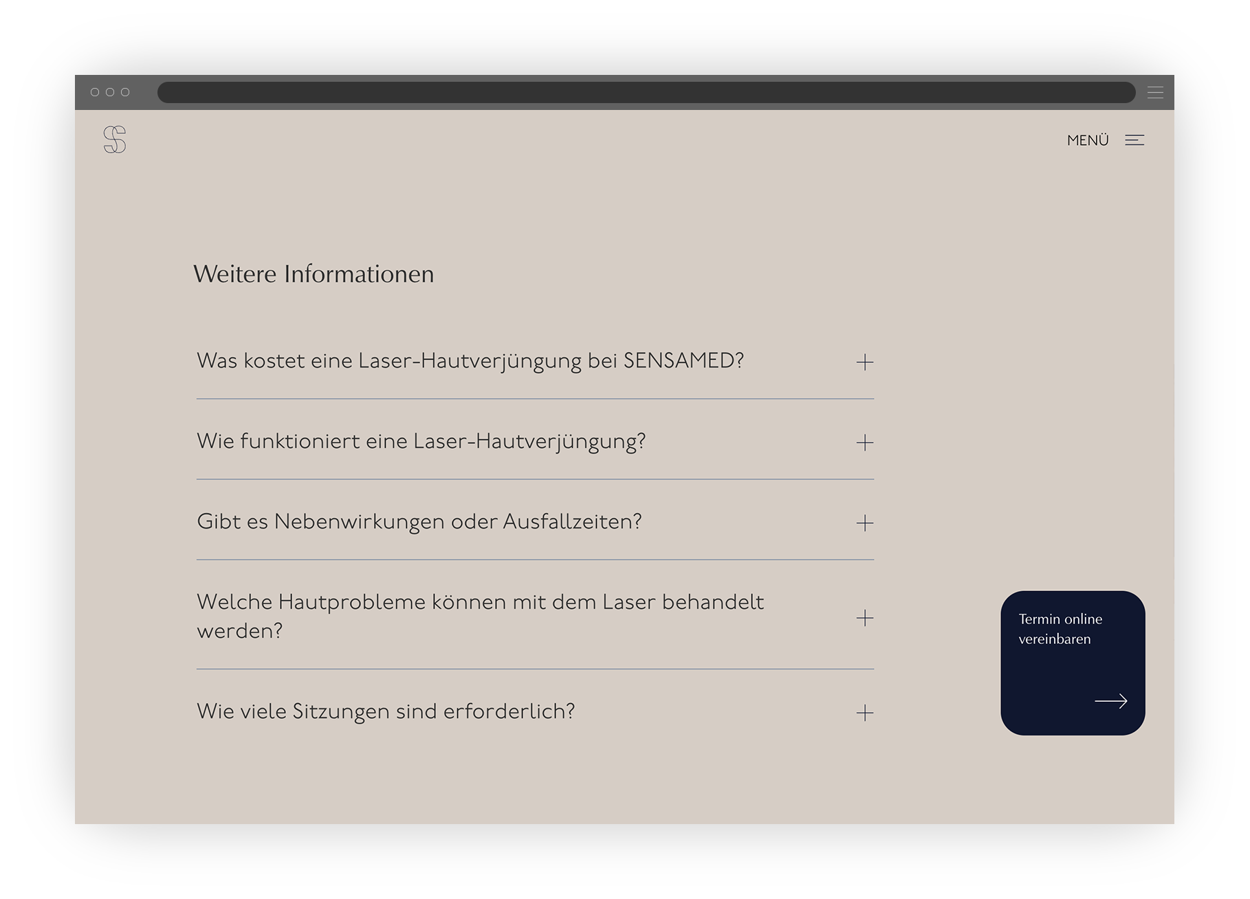 Webseite mit FAQ-Ansicht zu Laser-Hautverjüngung bei SENSAMED