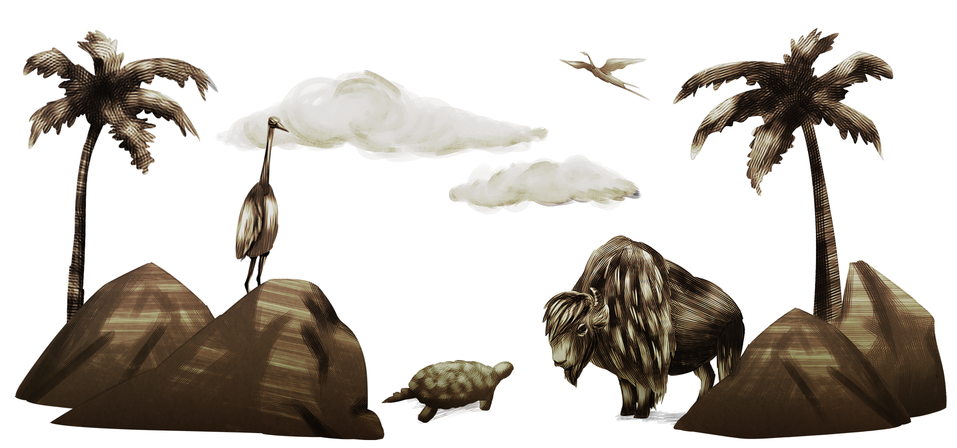 Illustration von Urzeitlandschaft und Tieren im Stil von Jules Vernes