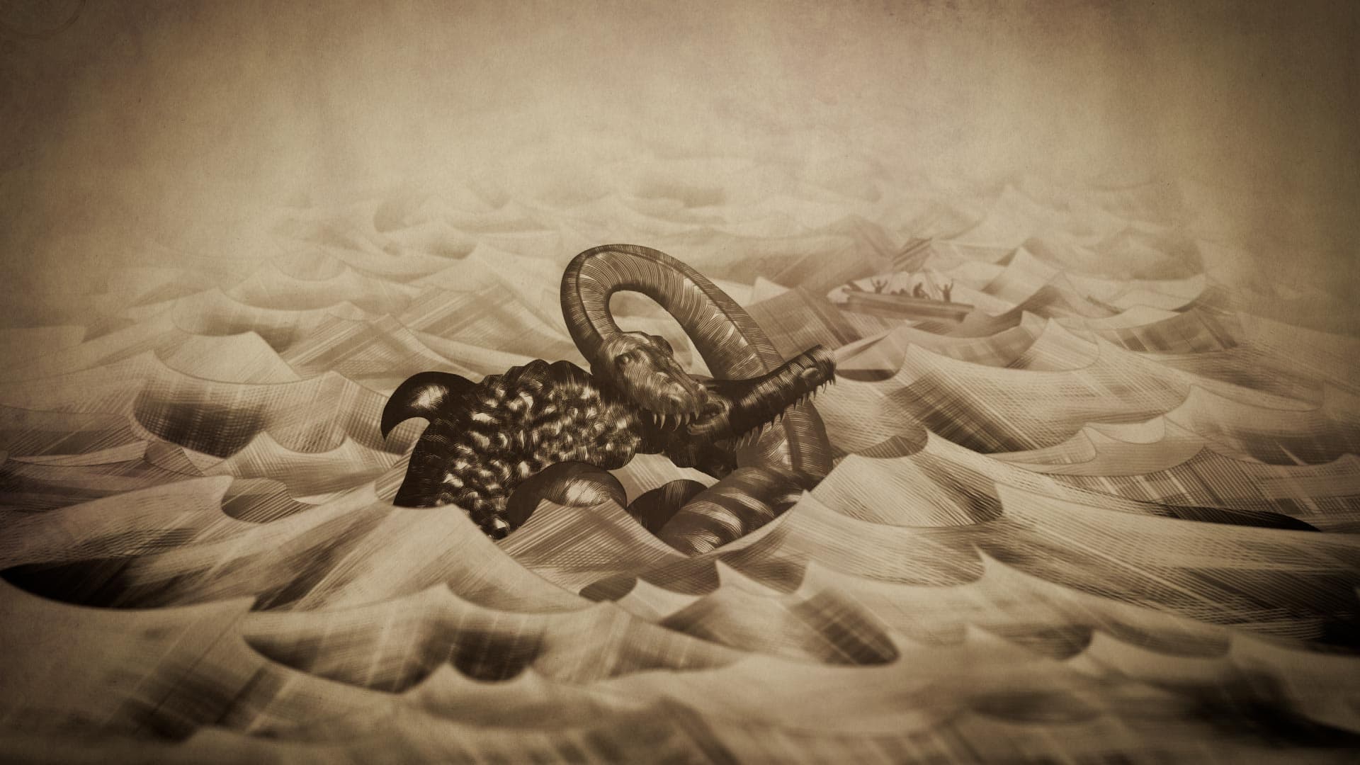 Illustration von Urzeitwesen im Meer im Stil von Jules Vernes