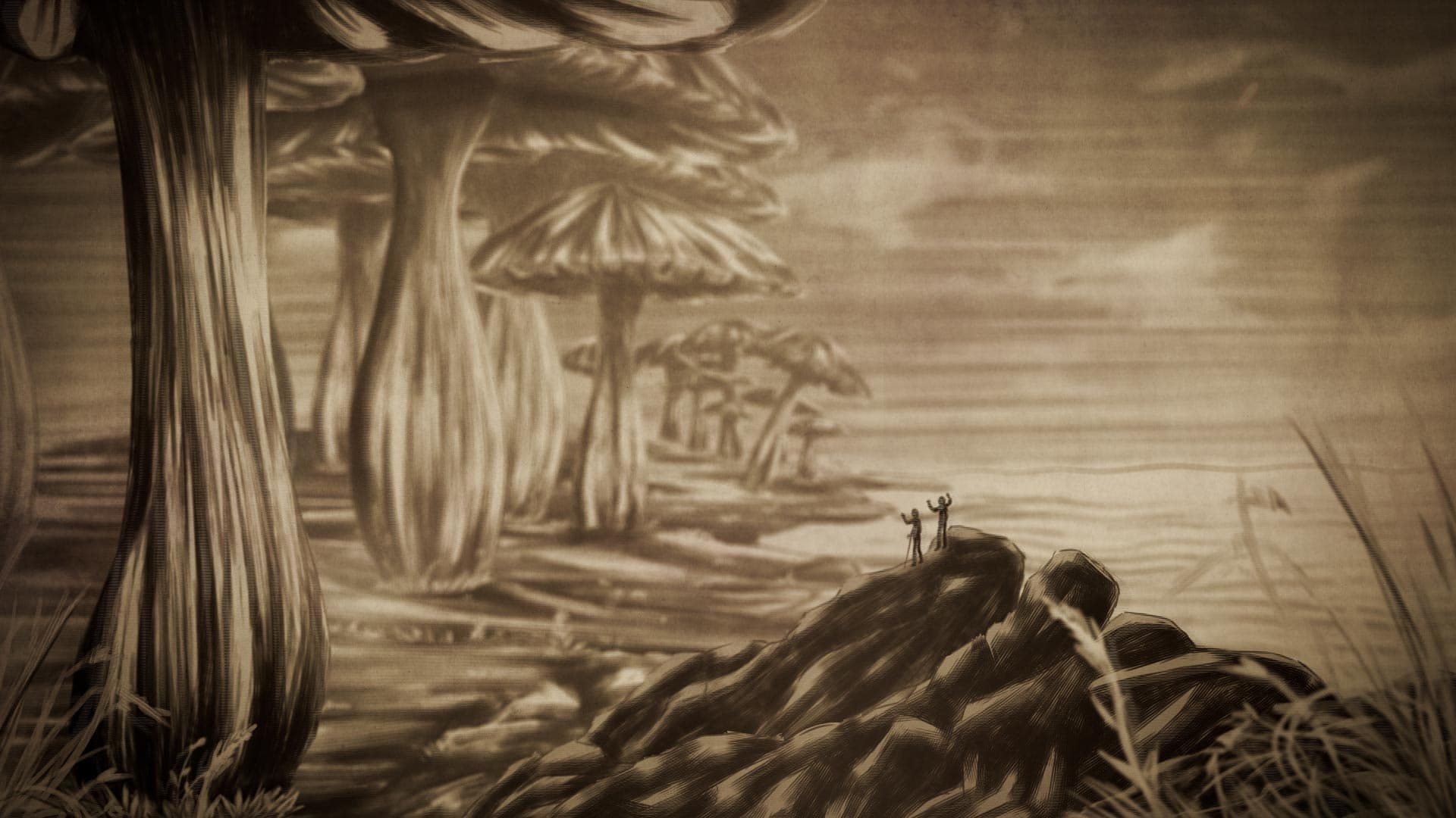 Illustration von Riesenpilzen im Stil von Jules Vernes