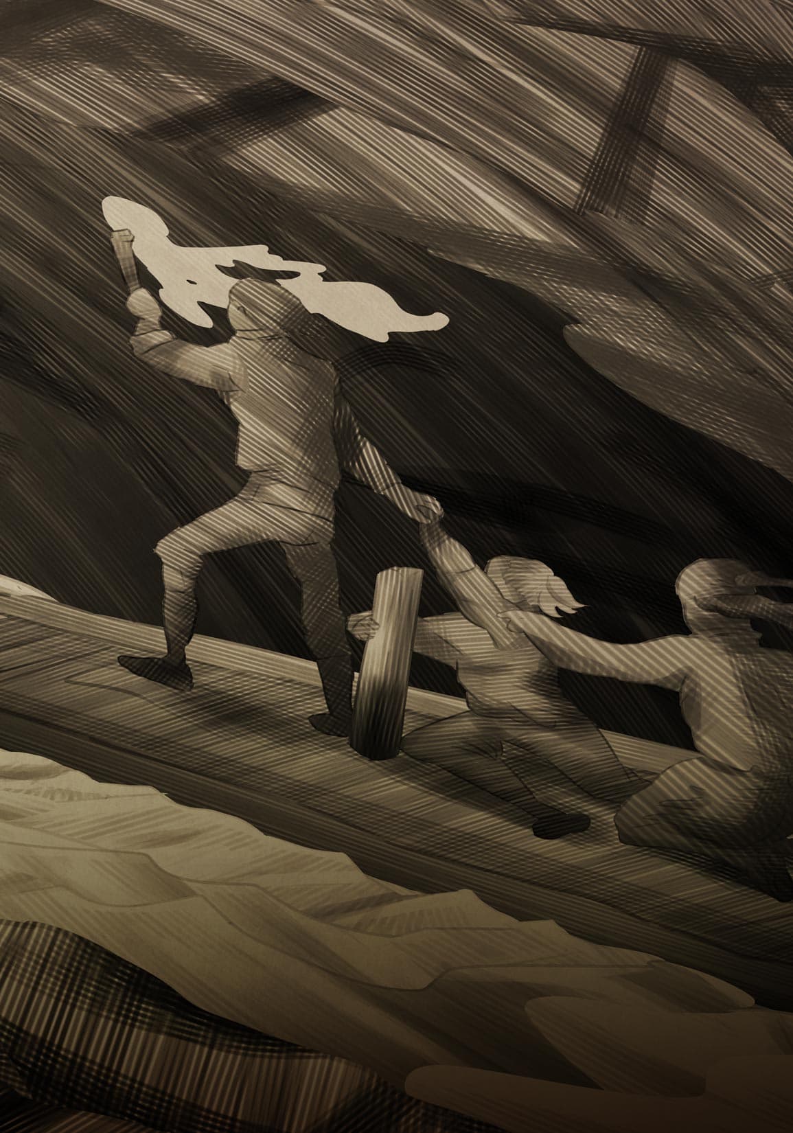 Illustration von Menschen auf Floß im Stil von Jules Vernes