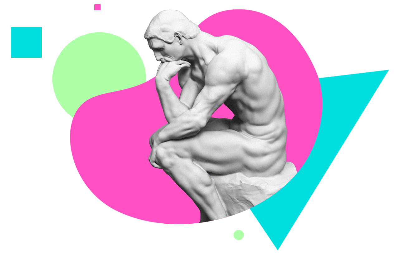Collage Statue Denker vor bunten Flächen
