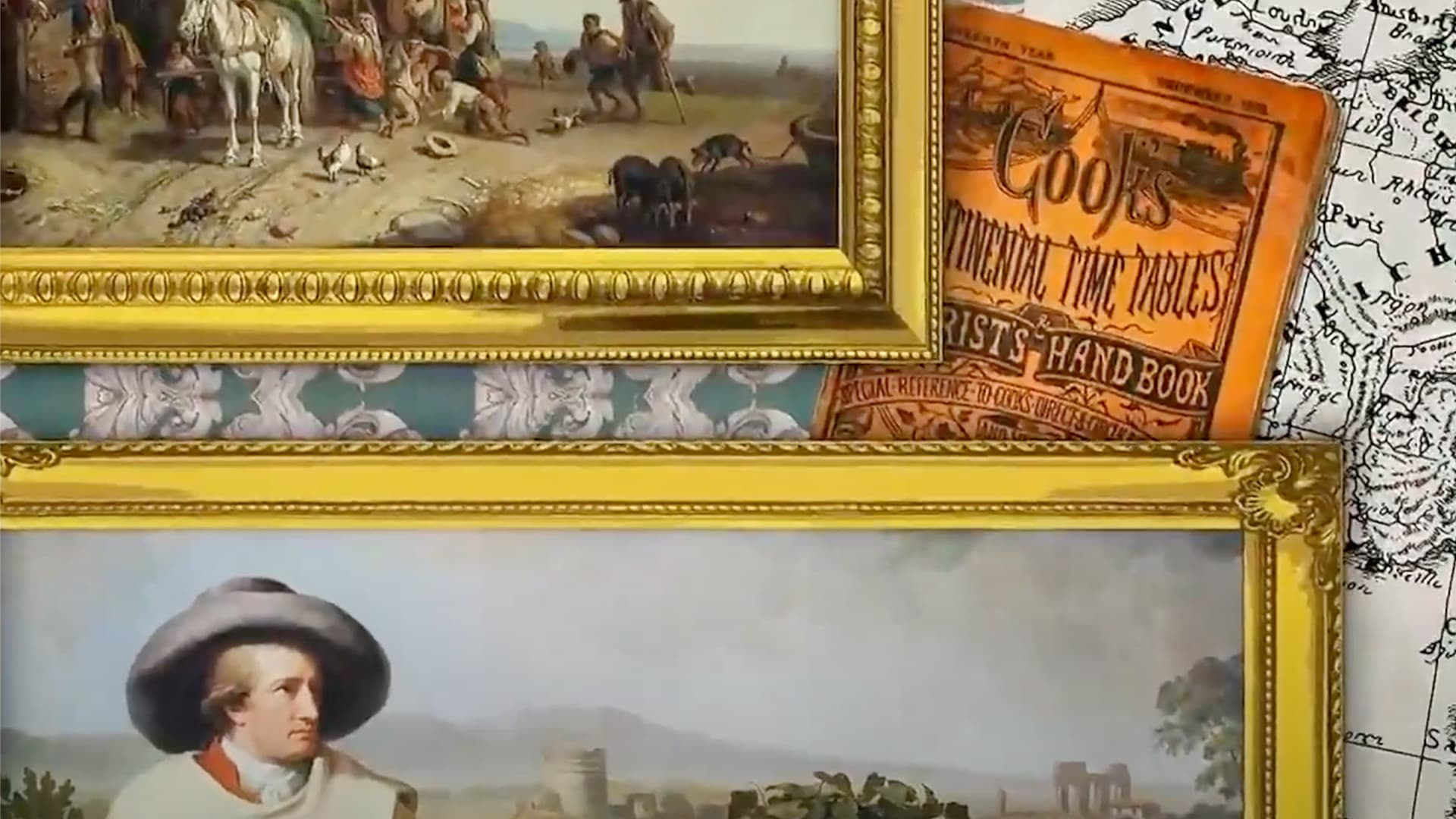 Graphik zum Thema Reisen mit Collage aus Bilderrahmen und Gemälden