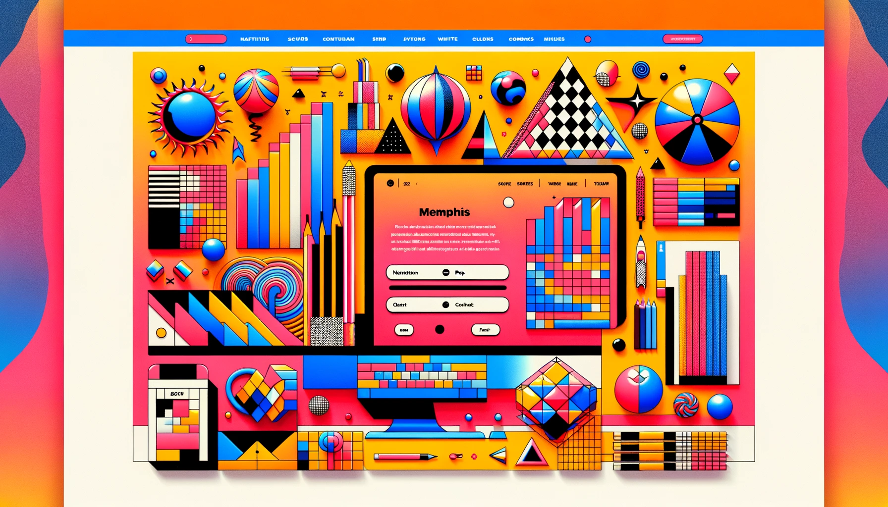 Memphis-Design Layout eins bunten Webdesign mit diversen UI Elementen