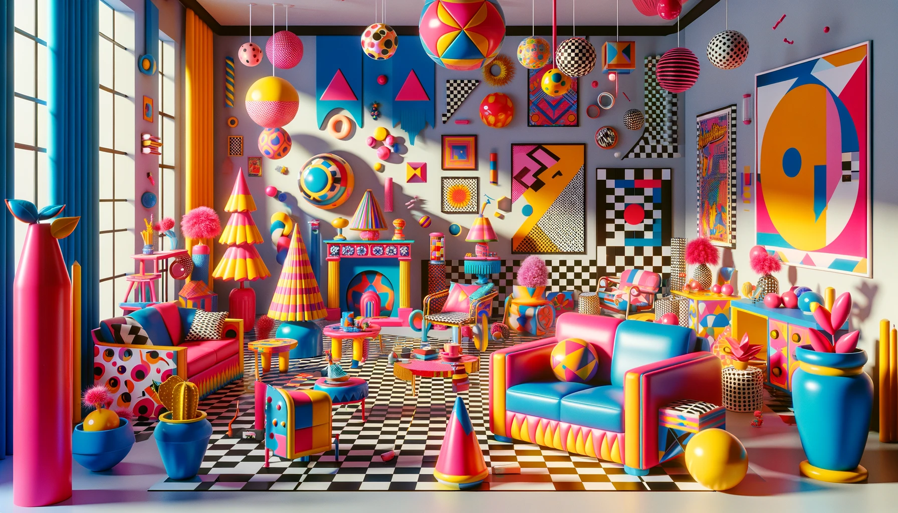 Bunte Memphis-Design-Szene in einem Zimmer mit diversen Objekten wie Sofa, Bilder Bälle. Alles sehr bunt.