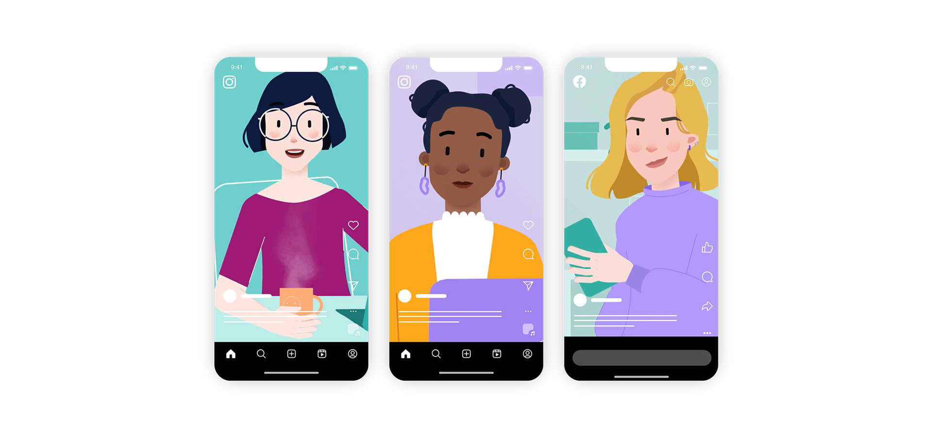 Ansicht bunte Mobile Devices mit drei Protagonistinnen fĂŒr die Social Media Clips des DBSV im Onlinemarketing.