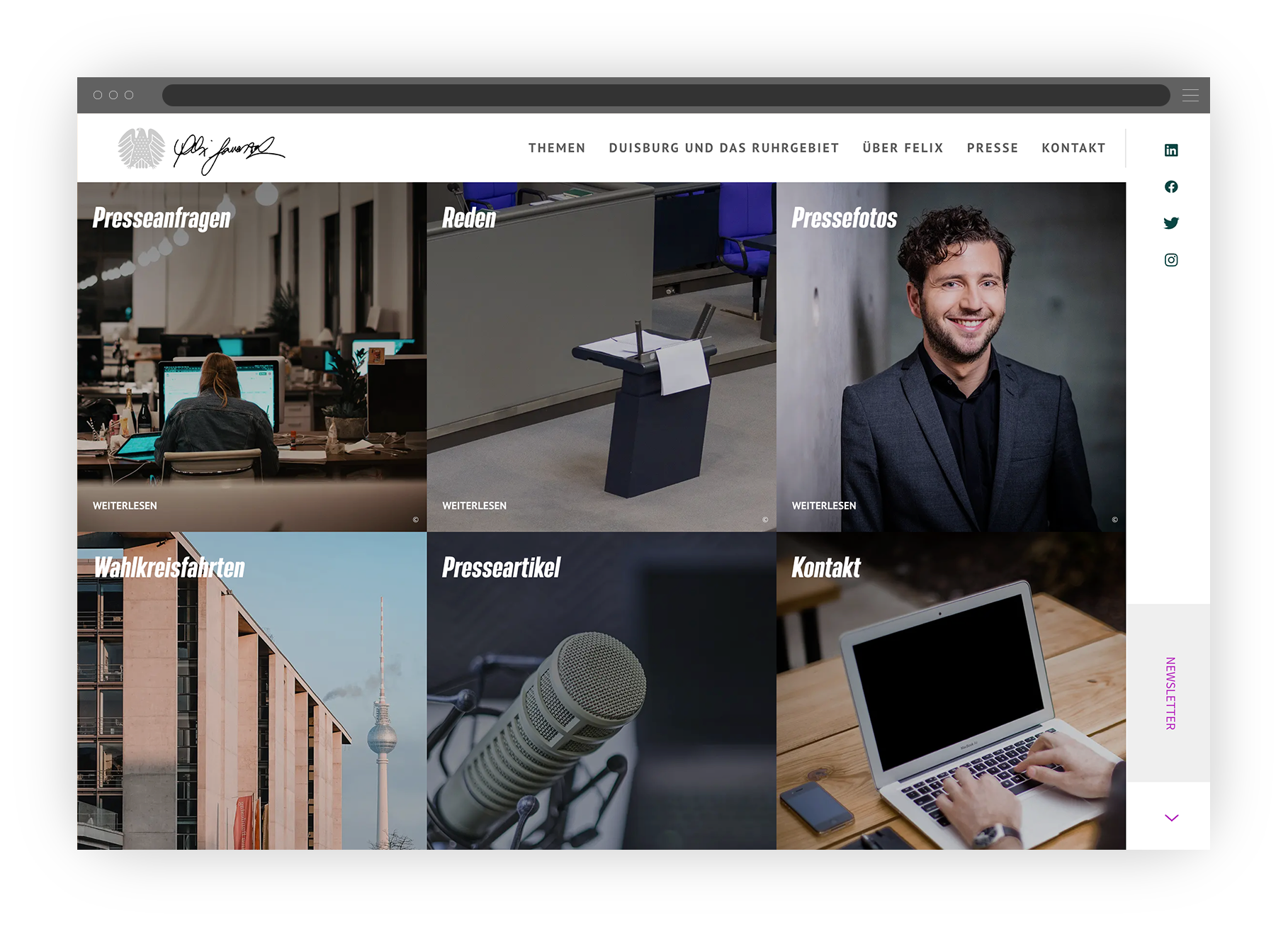 Desktop-Ansicht von Teasern im unteren Bereich der Website von Felix Banaszak