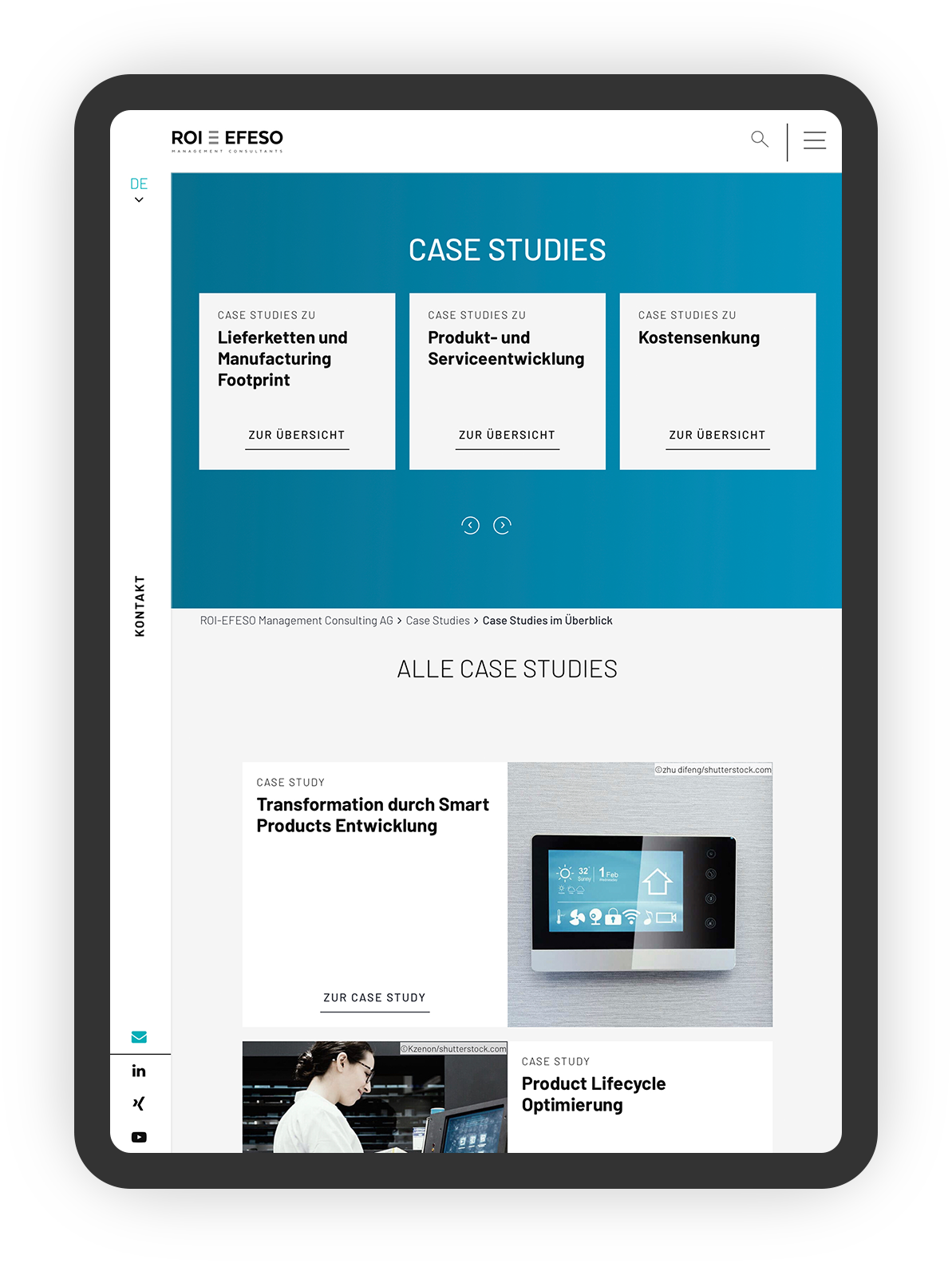 Das Bild zeigt ein Tablet mit der Case-Studies-Übersichtsseite.