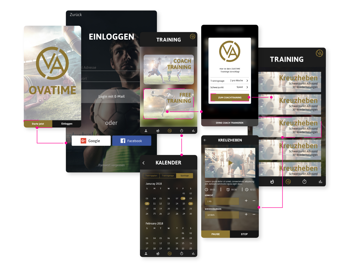 Darstellung der ersten Screens für die Ovatime App