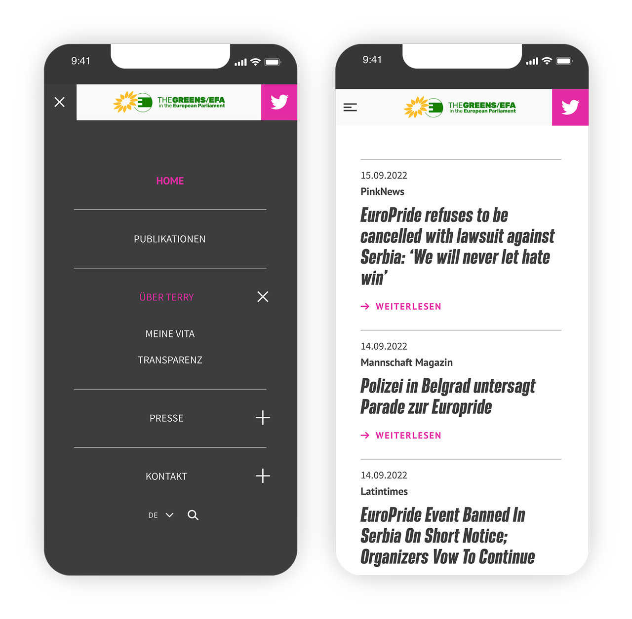 Mobile Ansichten mit Screenshots von Terry Reintke-Website - Menü und Terry in den Medien
