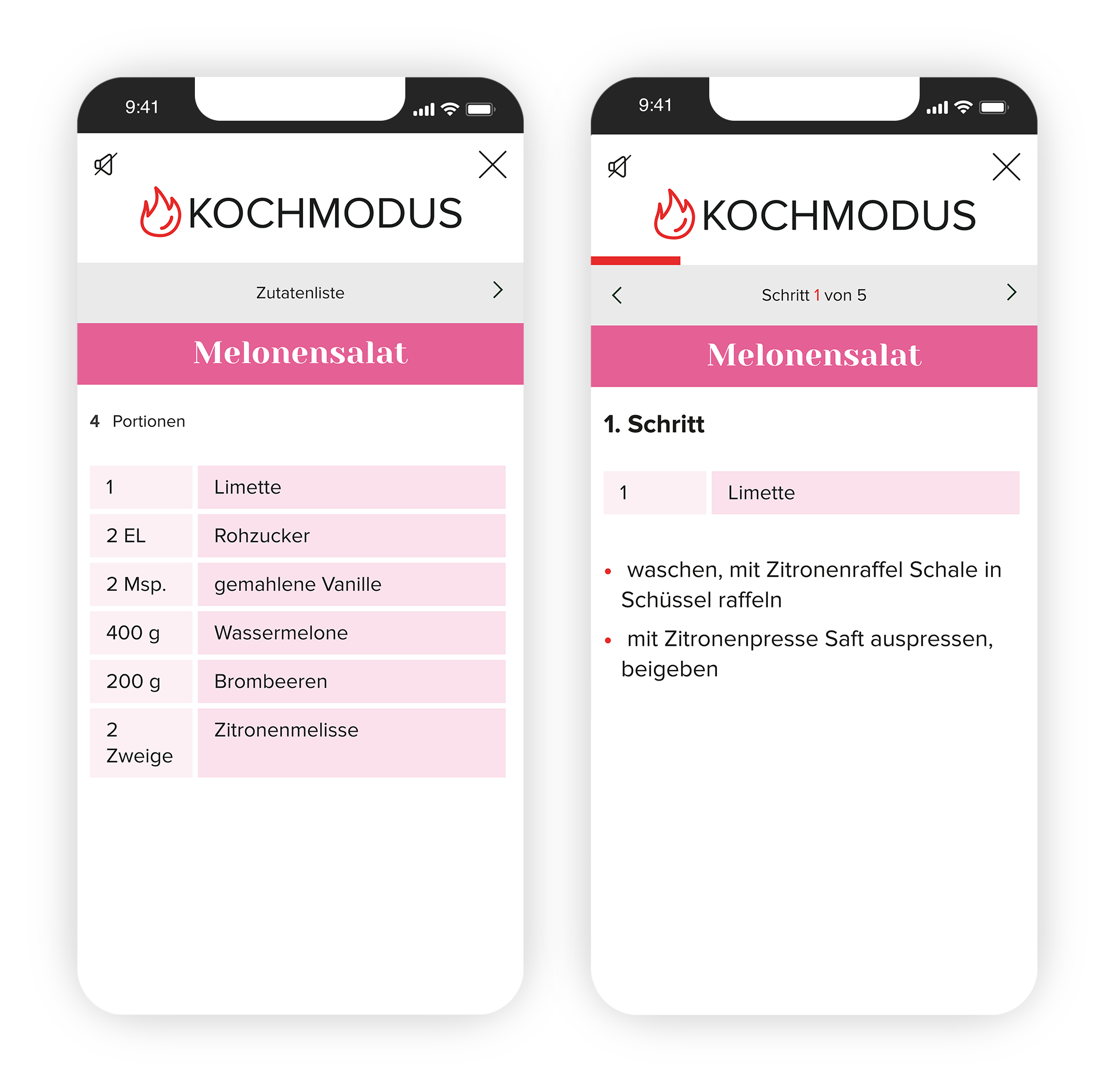 Mobilansicht mit geöffnetem Kochmodus