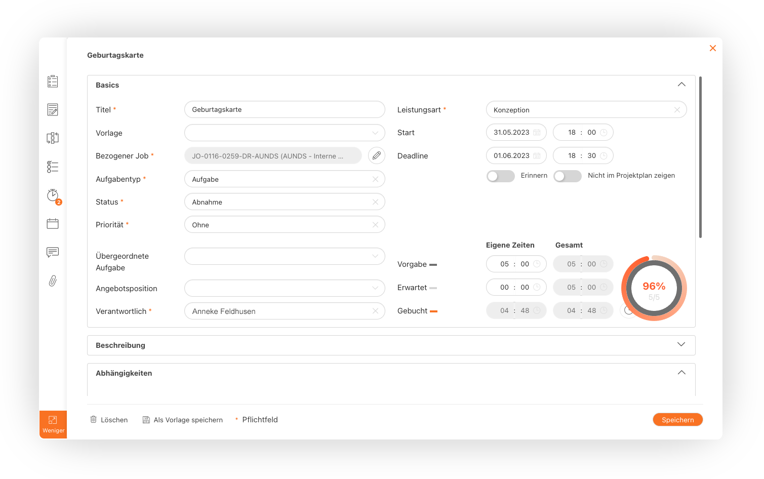 Ansicht Aufgabenbuchung mit Details