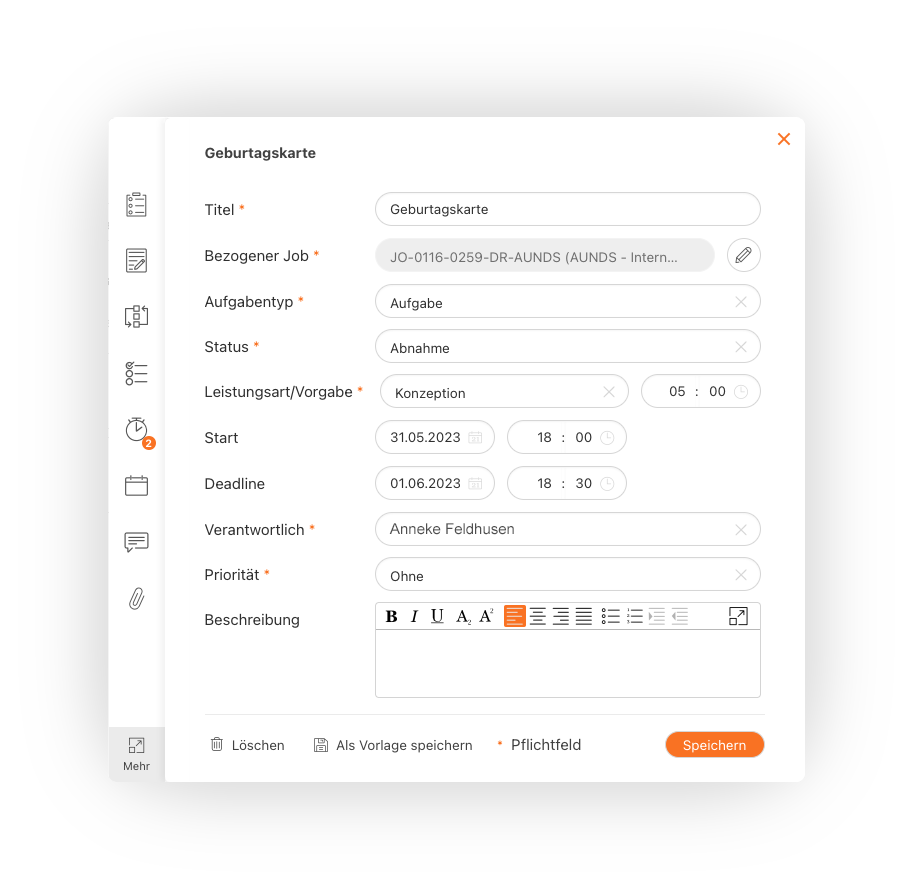 Ansicht Aufgabenbuchung mit Stundenbuchung