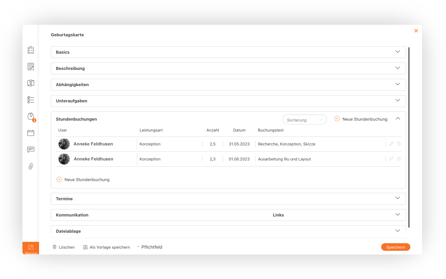 Ansicht Aufgabenbuchung mit Stundenbuchung