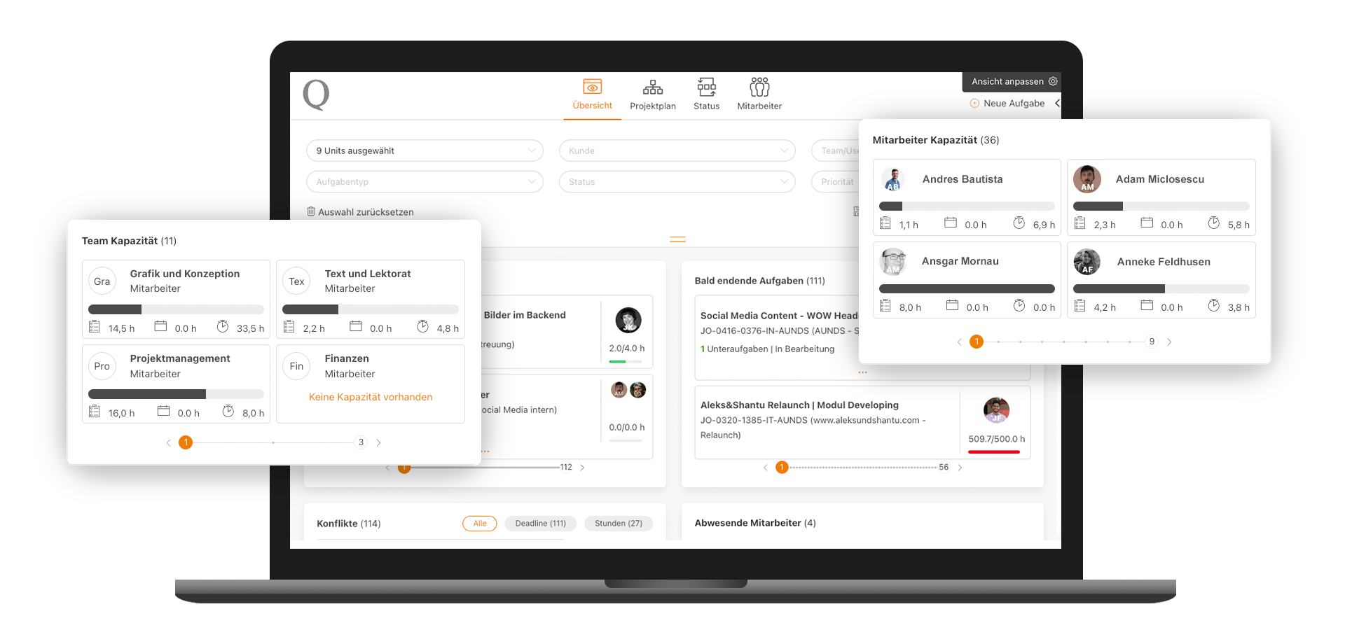 Collage aus Laptop mit Quojob PM-Dashboard und schwebenden Fenstern