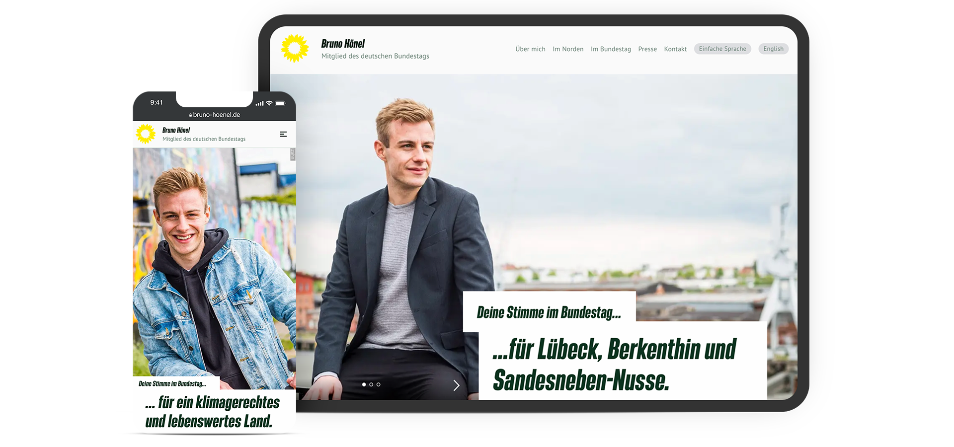 Fotocollage von einem mobilen- und einem Desktopscreen mit der Startseite von Bruno Hönel.