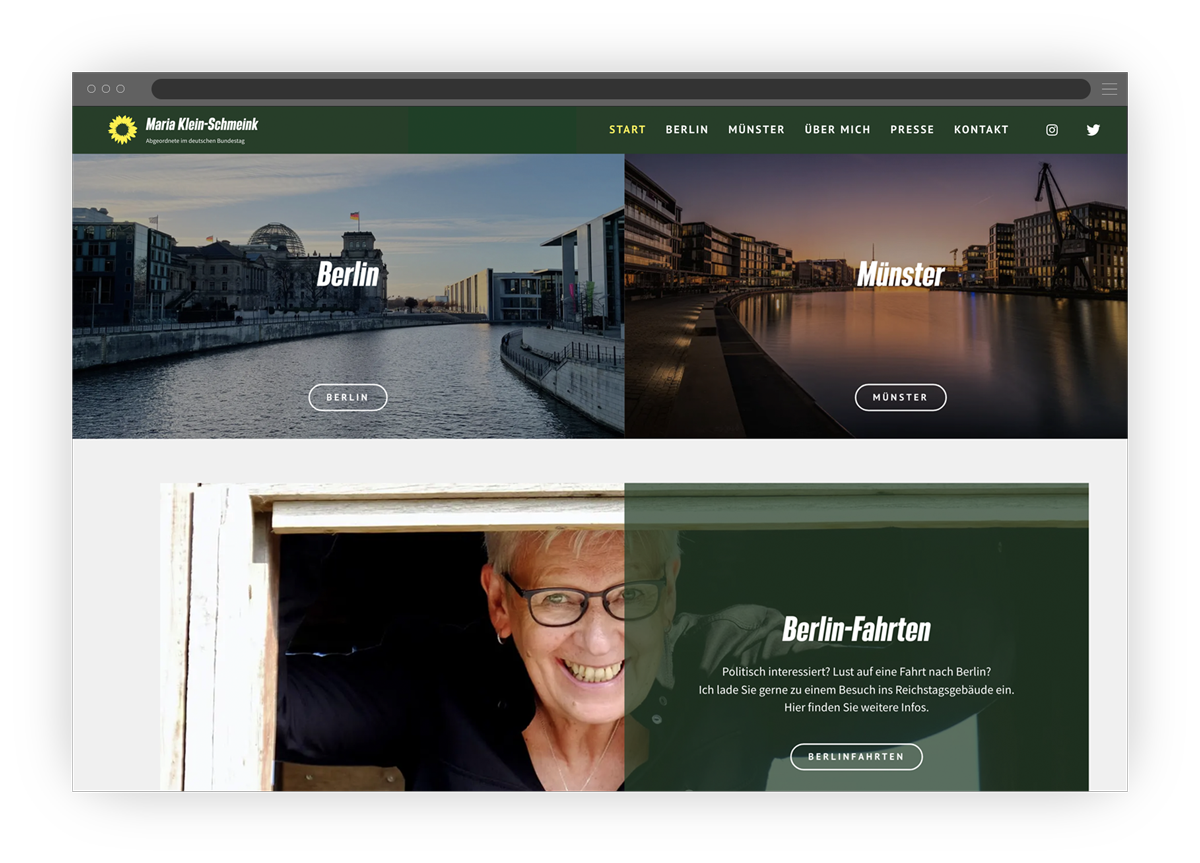 Website von Maria Klein-Schmeink zeigt die Themenübersicht.