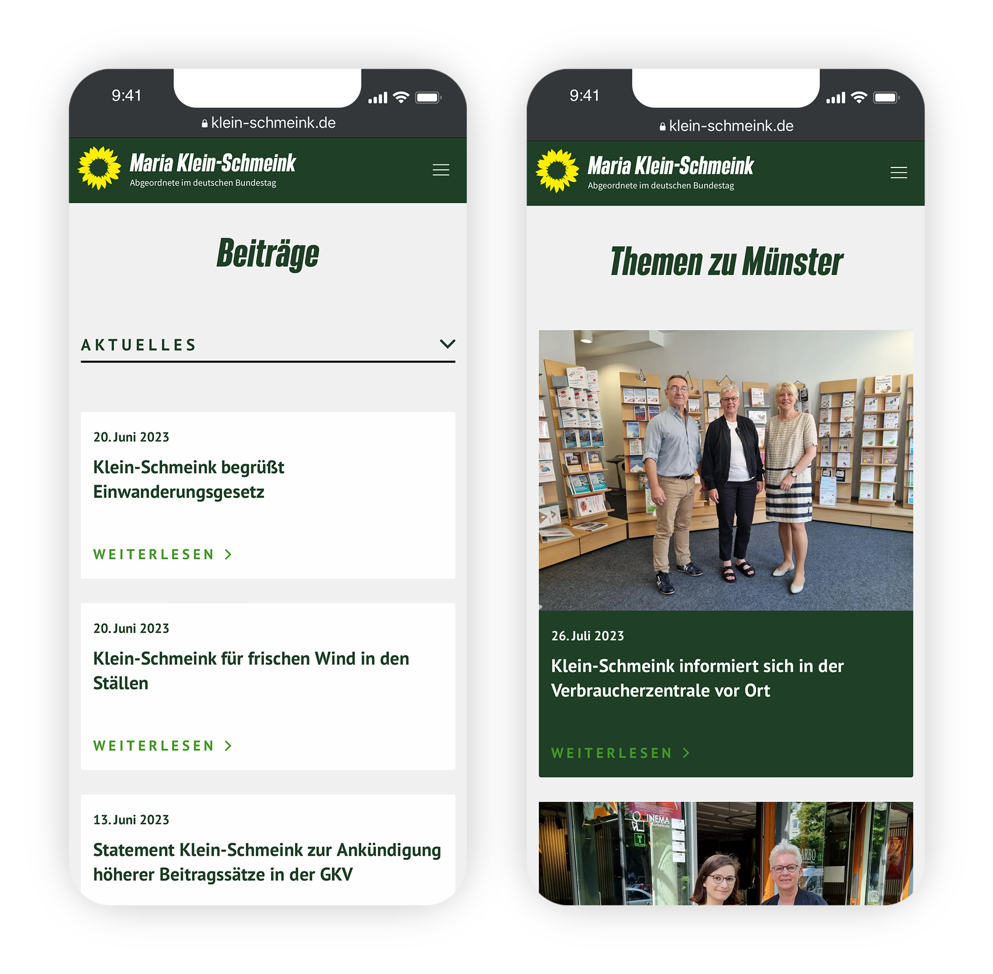 Zwei mobile Ansichten der Beitragsseiten von Maria Klein-Schmeinks Website.
