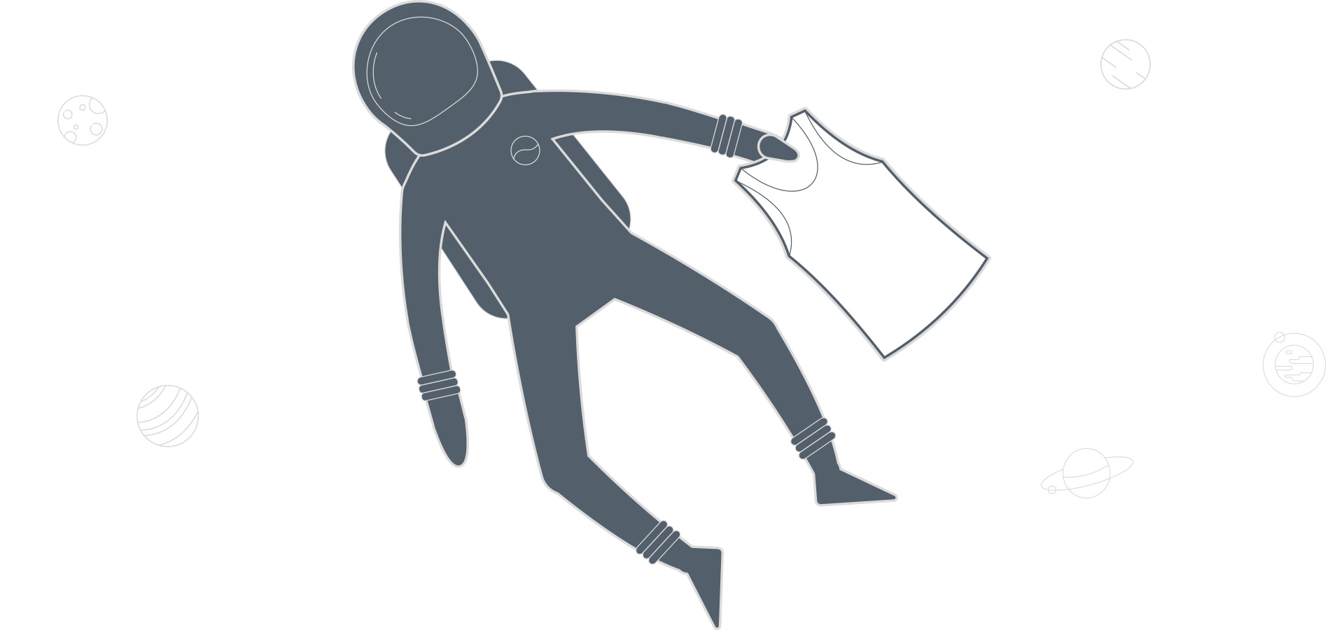 Freigestellte Illustration einen Astronauten mit Hemd in der Hand. Er wird von Planenten umkreist.