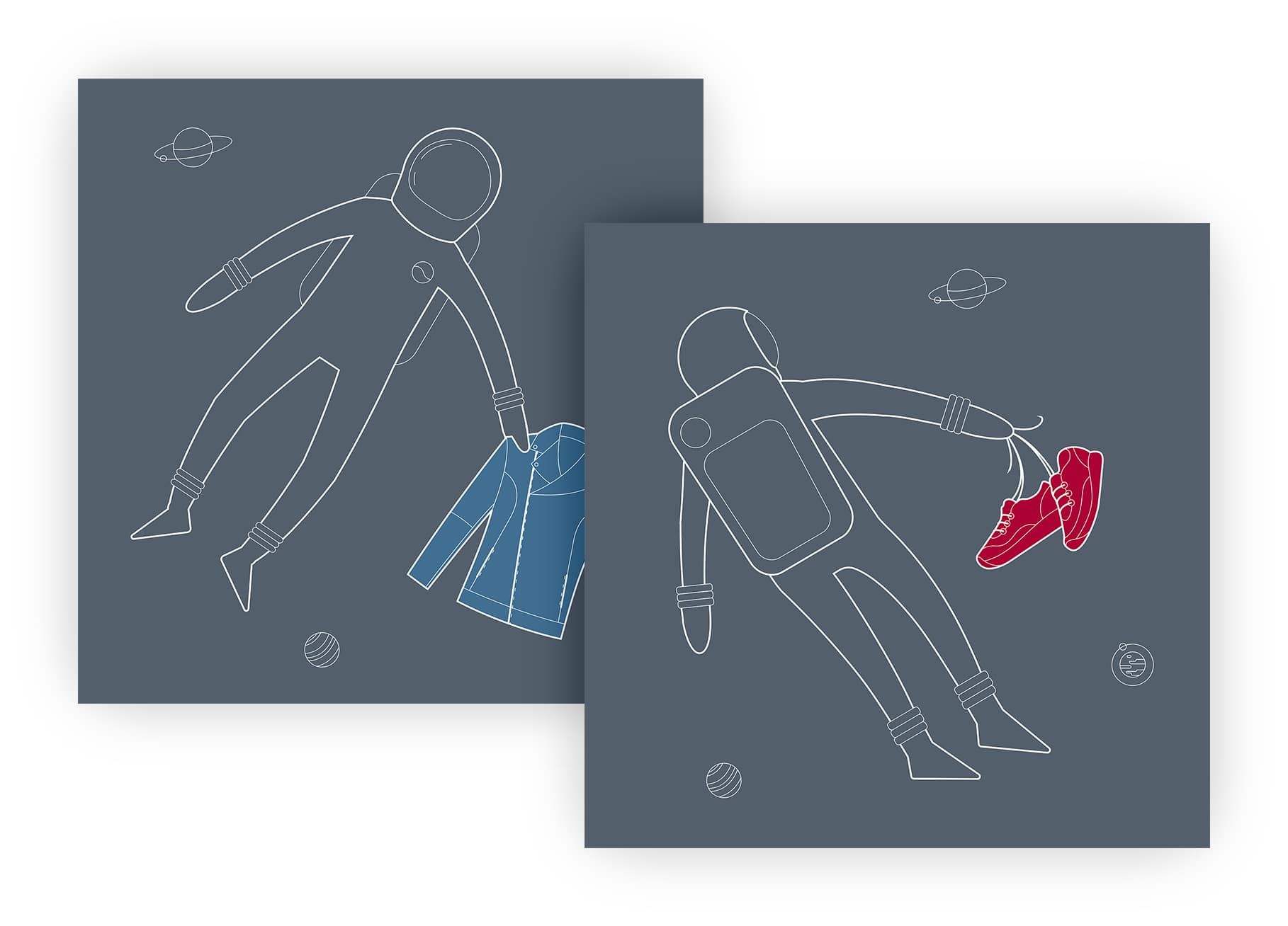 Illustrationen von einem Astronauten, die verschiedenen Kleidungsstücke in den Händen halten.