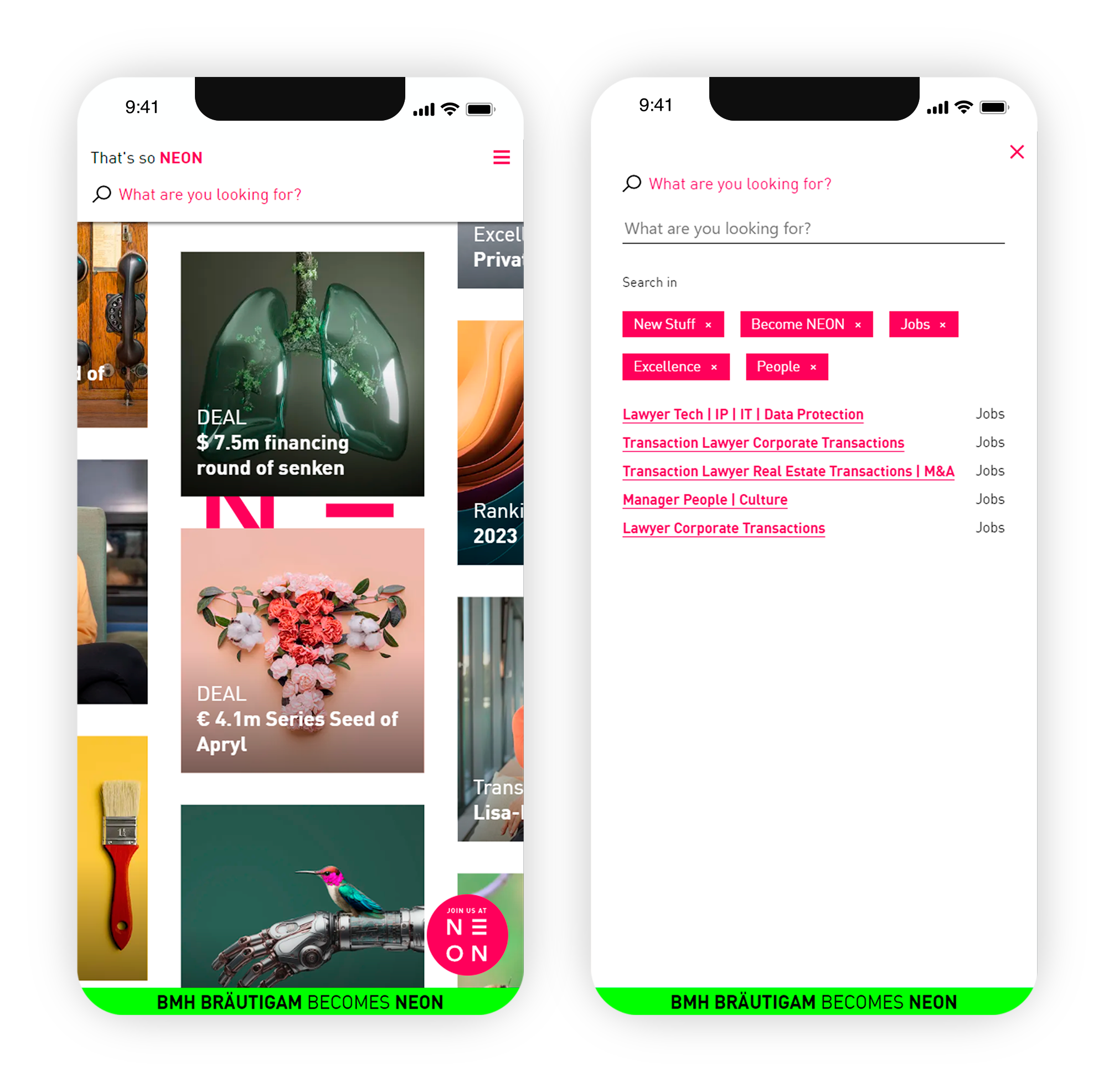 mobiles Mockup der Neon law Website