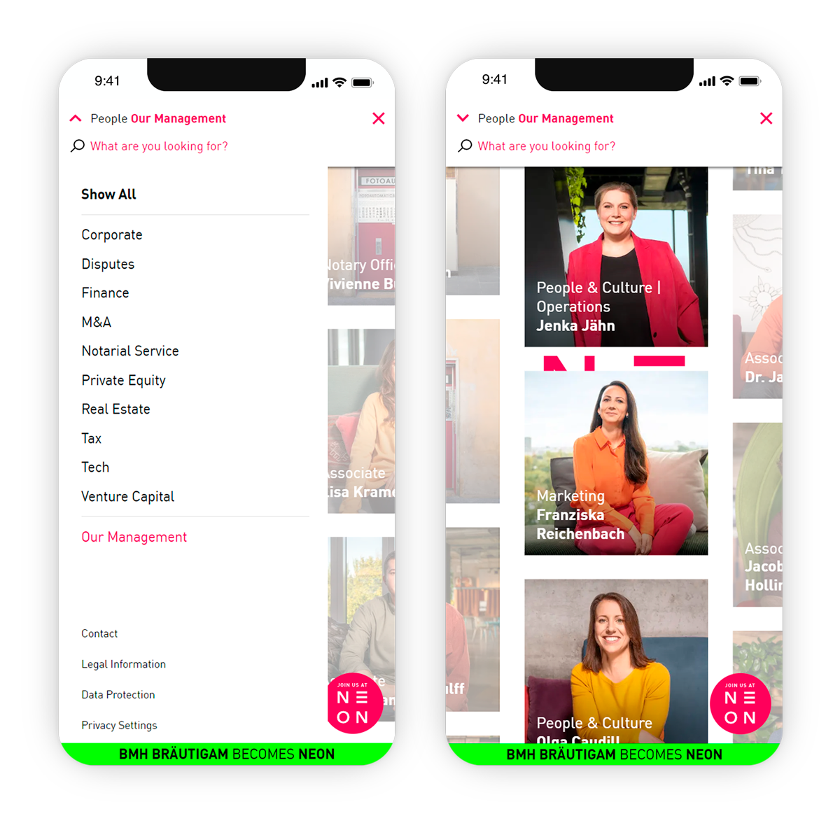 mobiles Mockup der Menüführung von der Neon law Website