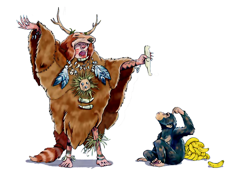 Illustration mit einem Affen und einem Priester aus dem Kinderbuch Unser Umgang mit dem Klimawandel von Yuval Noah Harari