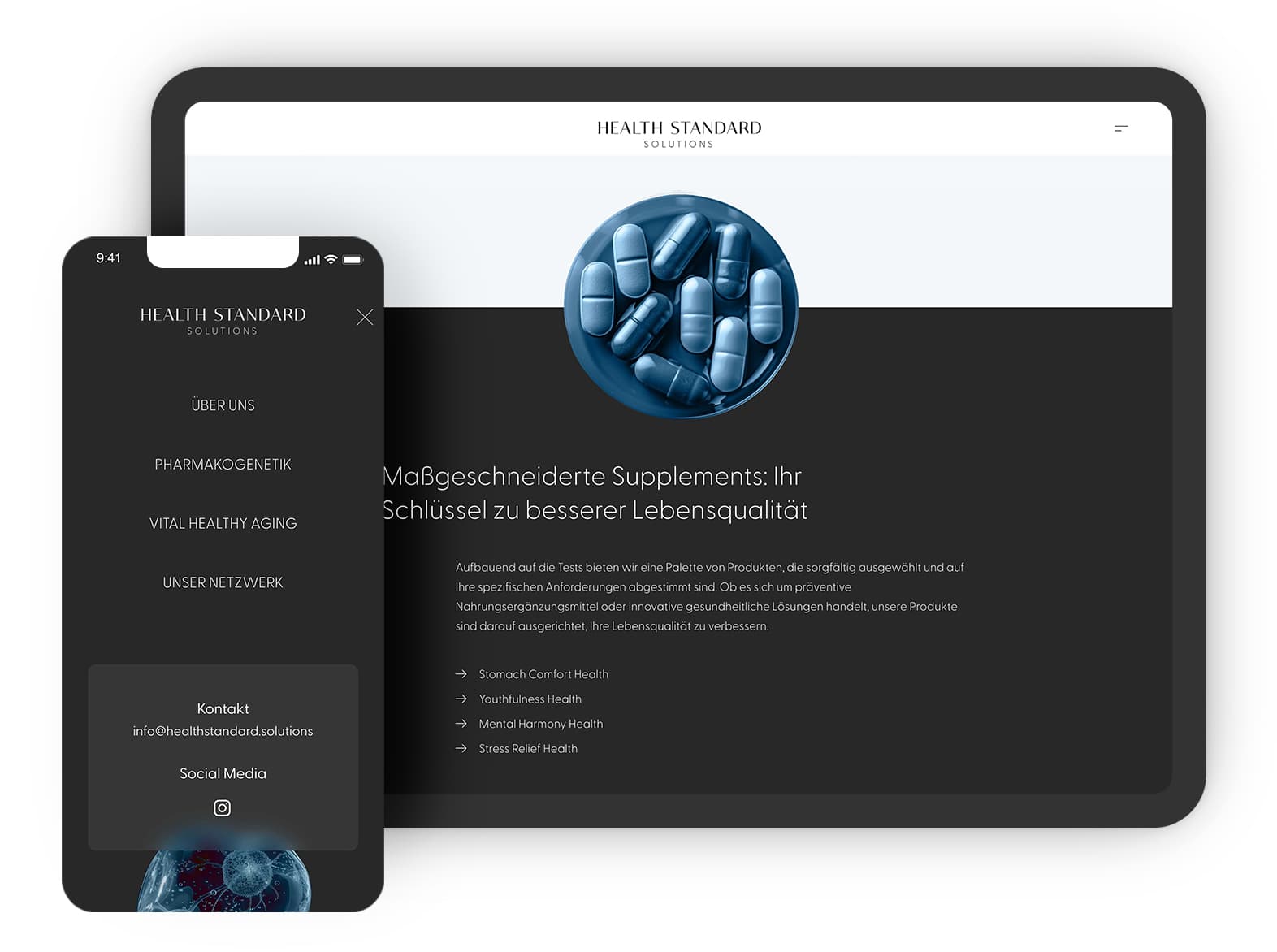 Grafik mit Tablet und Mobiltelefon die, die Health Standard Solutions mobile Navigation und ein Content Modul zeigt.