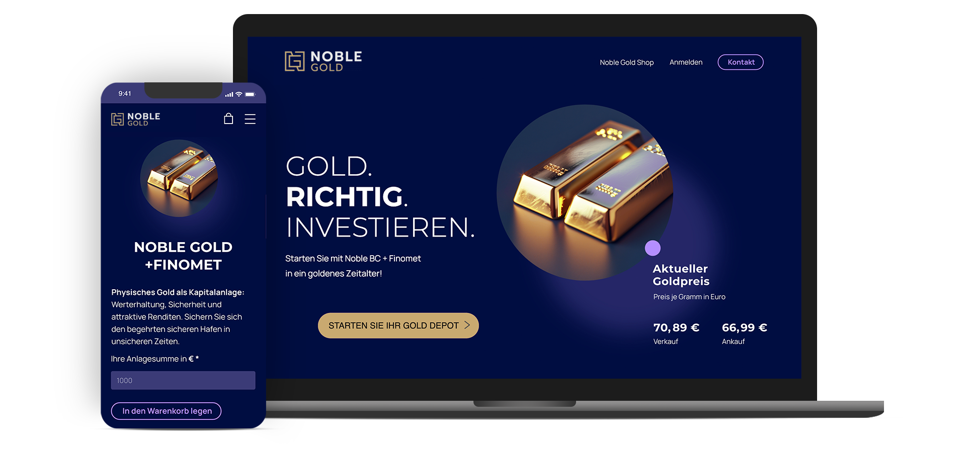 Noble-Gold +Finomet Website auf Laptop und Mobiltelefon