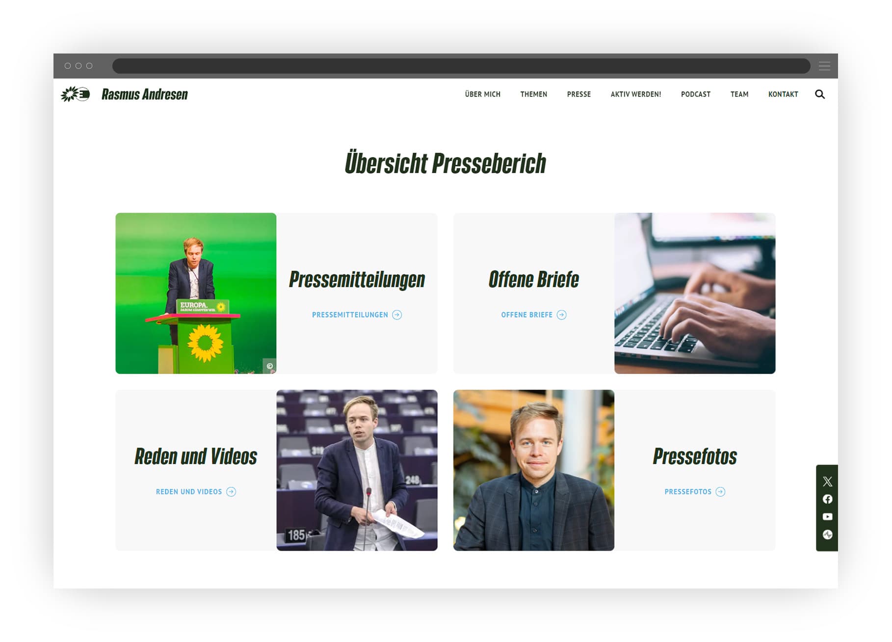 Mockup der Rasmus Webseite. Es zeigt das Presse Grid mit alles dazugehörigen Informationen.