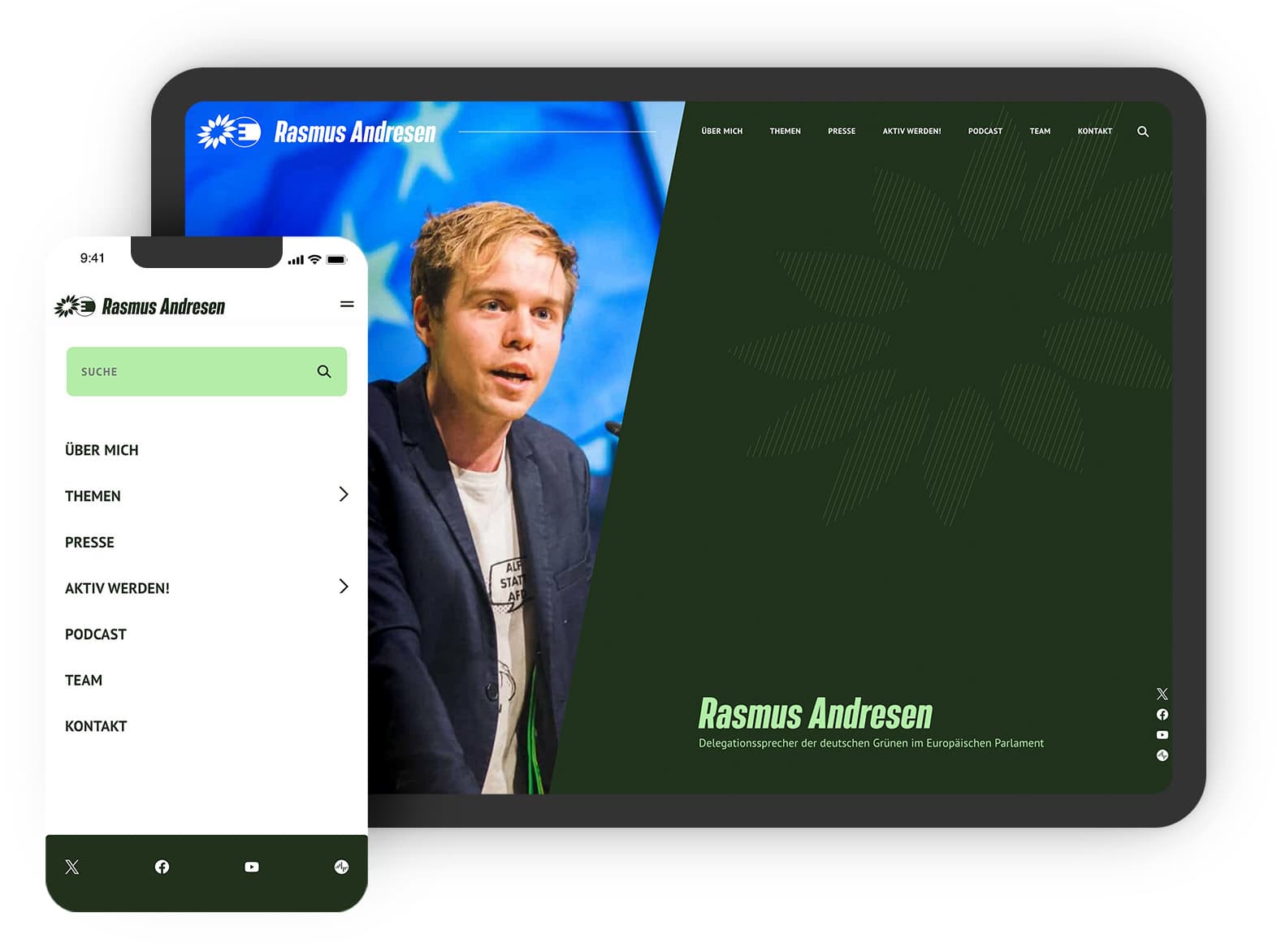 Mockup der neuen Rasmus Webseite. Es zeigt die Startseite mit der Seitennavigation und die Mobile Navigation.