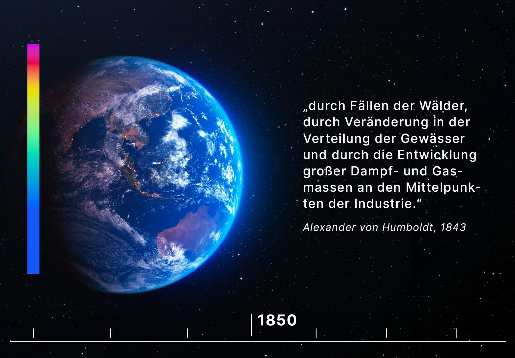 Grafik mit Weltkugel im All mit Zitattext und Heatmap als Still aus einem TV-Beitrag der Sendung ZDF aspekte zur Klimaforschung