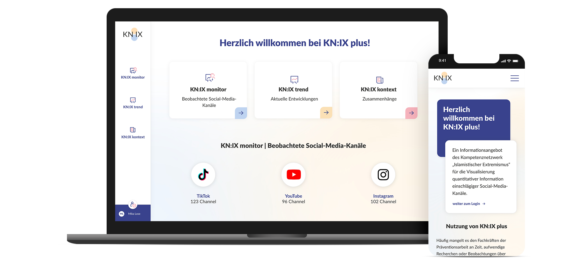 Headergrafik mit Laptop-Ansicht (links im Bild) und Handy-Ansicht (leicht überlagernd rechts daneben) mit Startseite vom Webportal KN:IX Plus