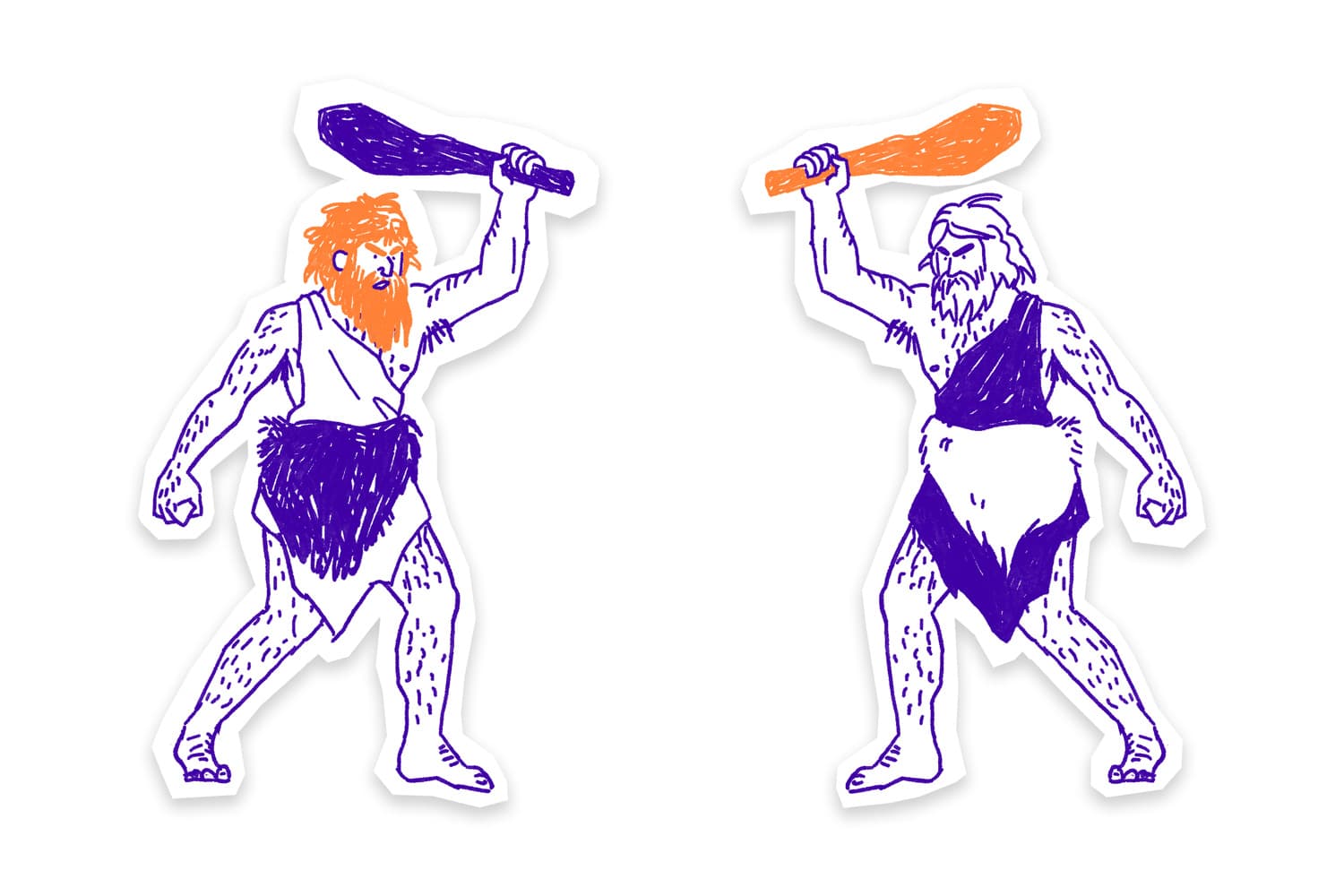 Illustration von zwei Steinzeitmenschen, die sich mit Keulen bedrohen, für den ZDF-aspekte-Beitrag über die Geschichte des Bunkers