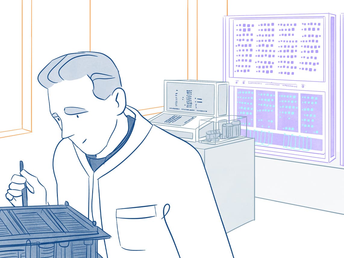 Illustration des ersten Computers und seines Erfinders Konrad Zuse für den TV-Beitrag "Mensch vs. KI". Alle Elemente sind in Weiß-Grau-Blau gehalten, eine Schaltanlage im Hintergrund in Lila.