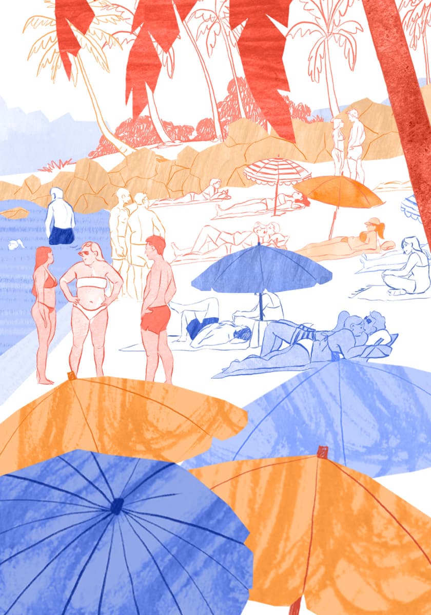 Illustration eines überfüllten Strandes im Travel-Journal-Stil für den ZDF-aspekte-Beitrag zum Thema Übertourismus